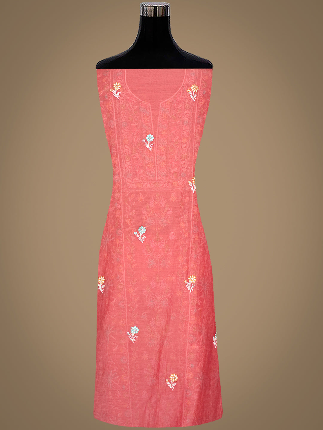 Ada Hand Embroidered Carrot Pink Chanderi Lucknowi Chikankari Unstitched Kurta Dupatta Set With Sequinned Work 01A785321