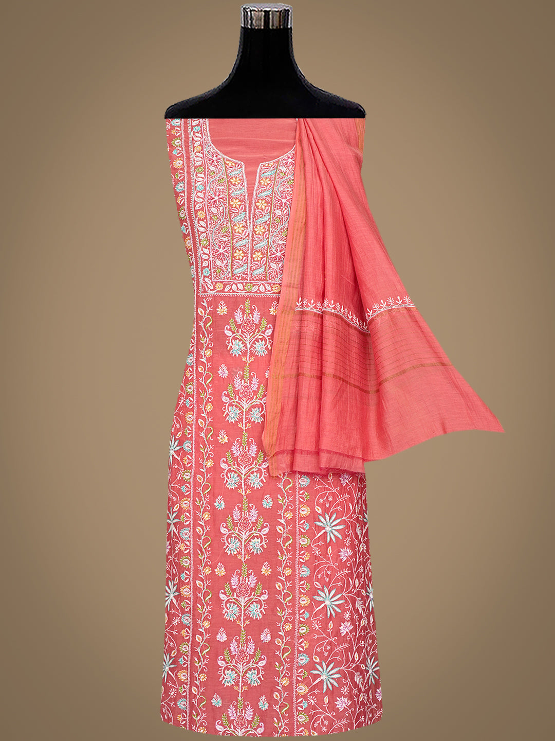 Ada Hand Embroidered Carrot Pink Chanderi Lucknowi Chikankari Unstitched Kurta Dupatta Set With Sequinned Work 01A785321