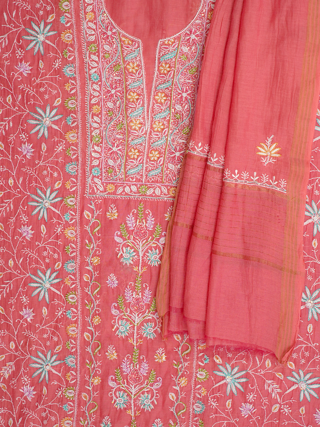 Ada Hand Embroidered Carrot Pink Chanderi Lucknowi Chikankari Unstitched Kurta Dupatta Set With Sequinned Work 01A785321