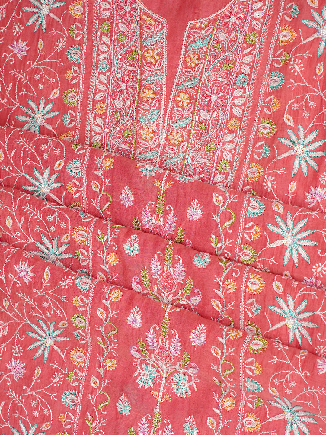 Ada Hand Embroidered Carrot Pink Chanderi Lucknowi Chikankari Unstitched Kurta Dupatta Set With Sequinned Work 01A785321
