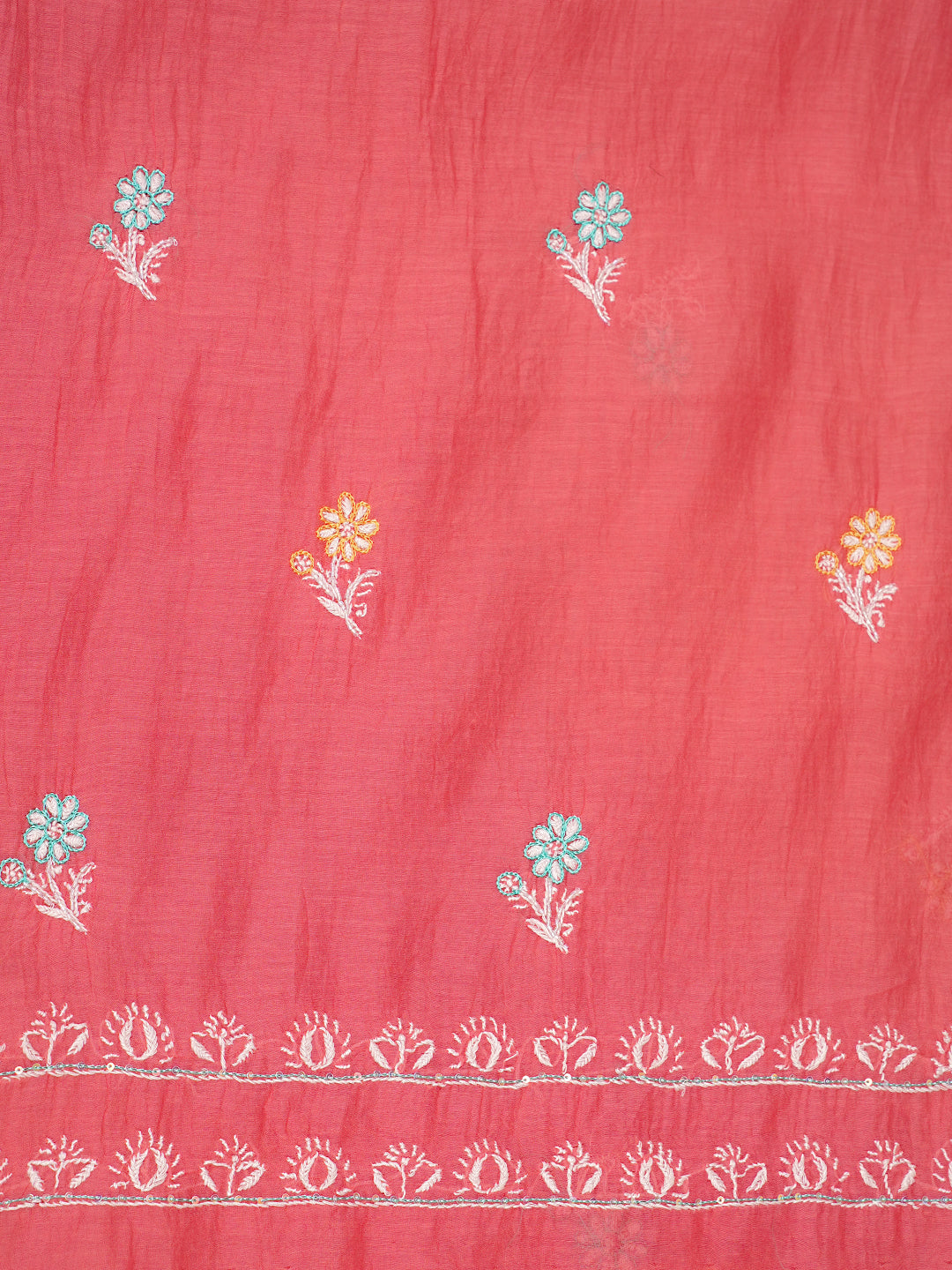 Ada Hand Embroidered Carrot Pink Chanderi Lucknowi Chikankari Unstitched Kurta Dupatta Set With Sequinned Work 01A785321