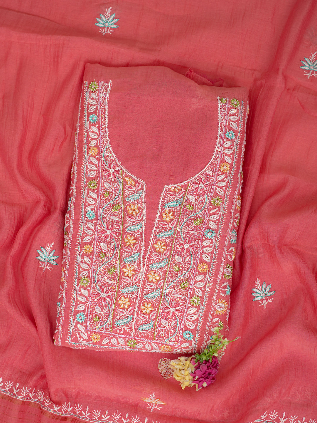 Ada Hand Embroidered Carrot Pink Chanderi Lucknowi Chikankari Unstitched Kurta Dupatta Set With Sequinned Work 01A785321