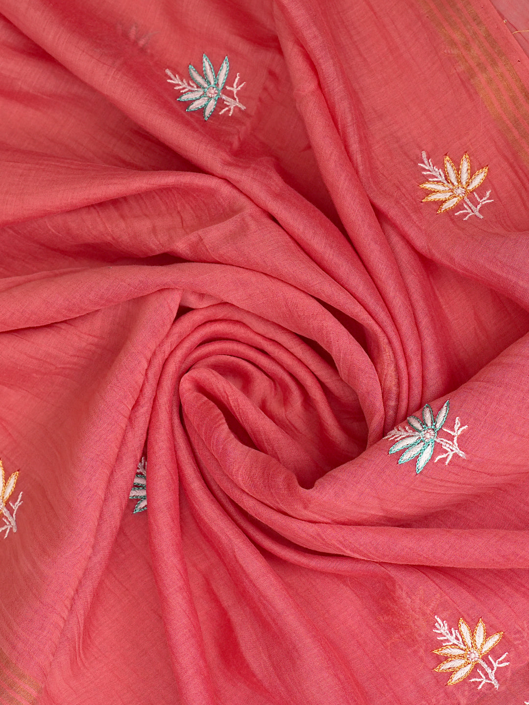 Ada Hand Embroidered Carrot Pink Chanderi Lucknowi Chikankari Unstitched Kurta Dupatta Set With Sequinned Work 01A785321