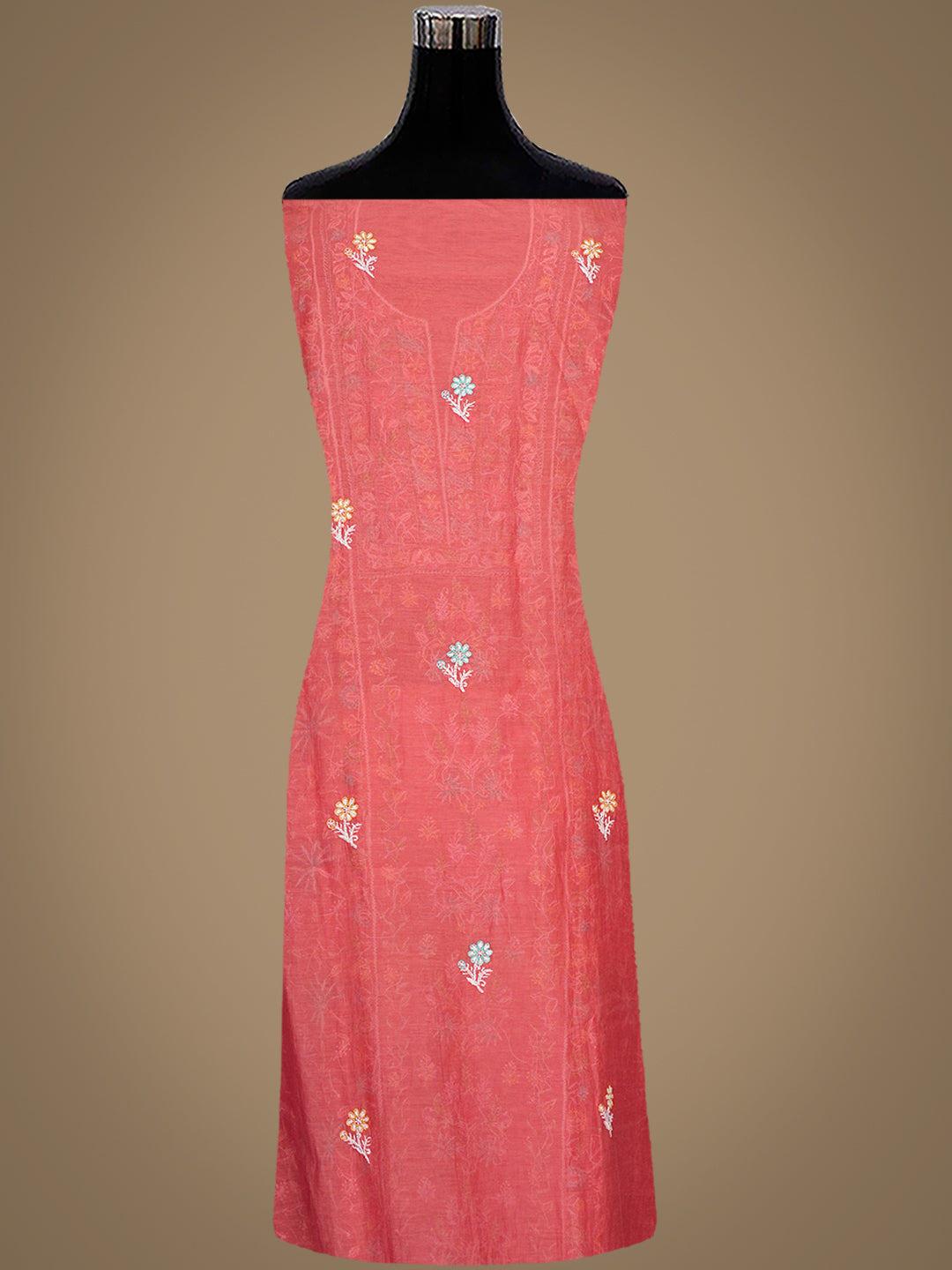 Ada Hand Embroidered Carrot Pink Chanderi Lucknowi Chikankari Unstitched Kurta Dupatta Set With Sequinned Work 01A785321