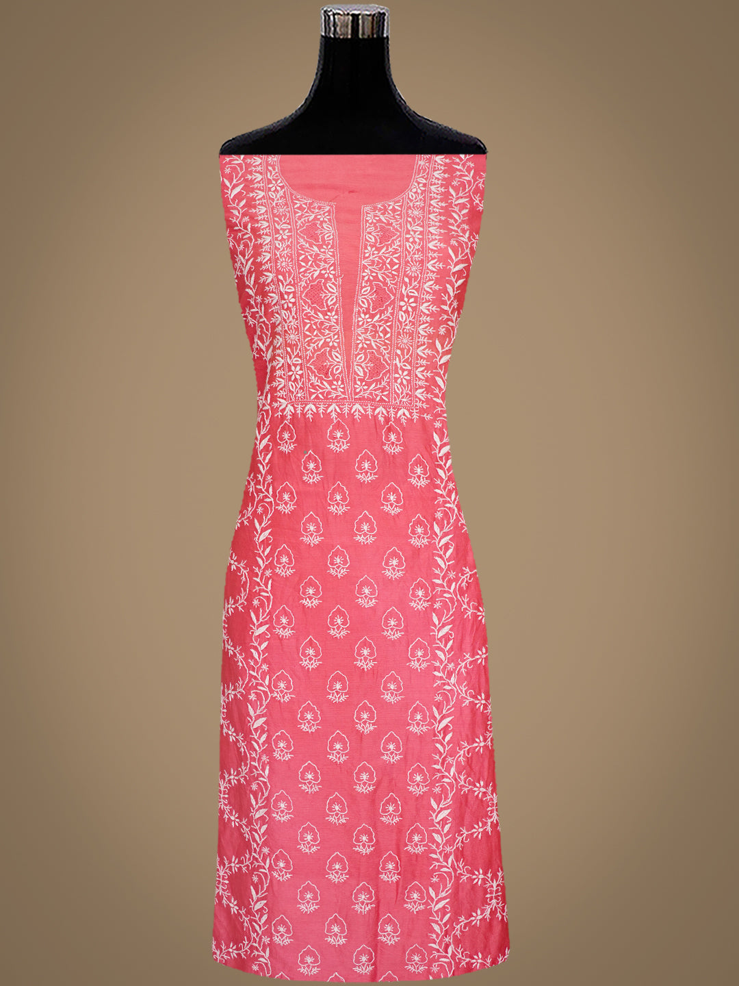 Ada Hand Embroidered Carrot Pink Chanderi Lucknowi Chikankari Unstitched Suit Piece 01A805722