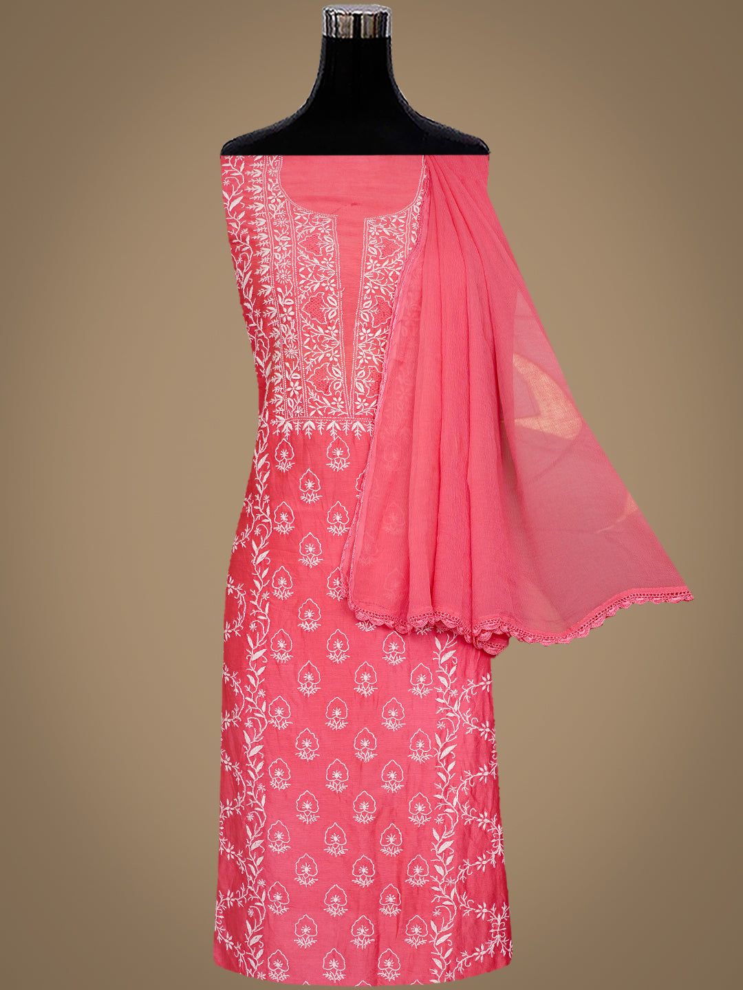Ada Hand Embroidered Carrot Pink Chanderi Lucknowi Chikankari Unstitched Suit Piece 01A805722