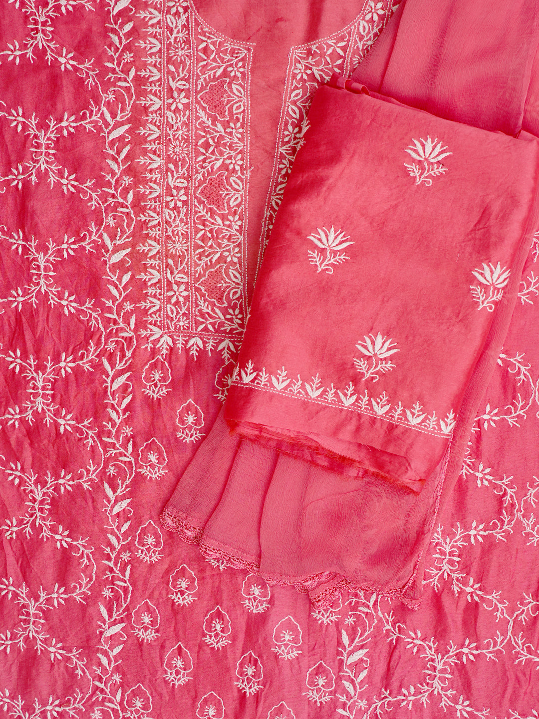 Ada Hand Embroidered Carrot Pink Chanderi Lucknowi Chikankari Unstitched Suit Piece 01A805722