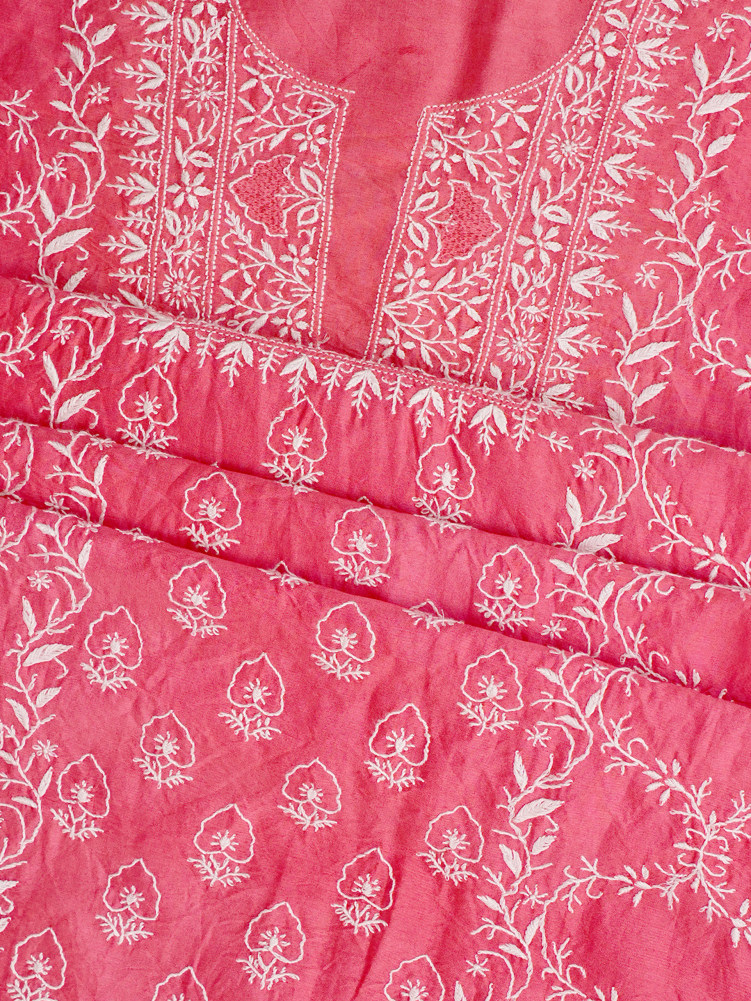 Ada Hand Embroidered Carrot Pink Chanderi Lucknowi Chikankari Unstitched Suit Piece 01A805722