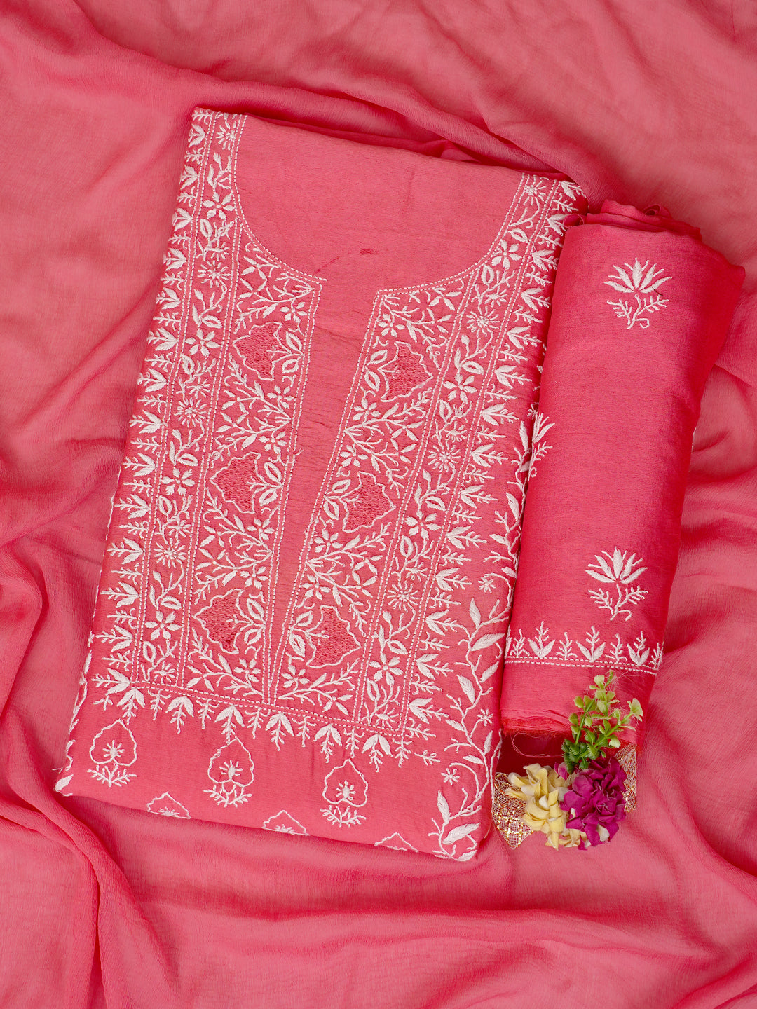 Ada Hand Embroidered Carrot Pink Chanderi Lucknowi Chikankari Unstitched Suit Piece 01A805722