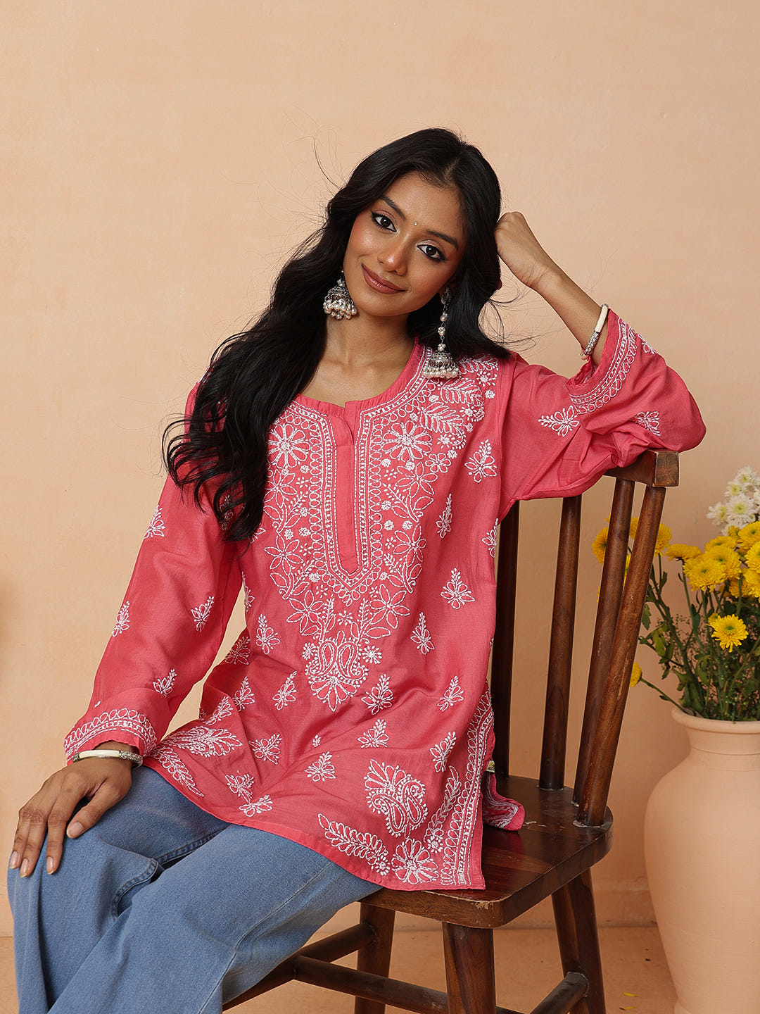 Ada Hand Embroidered Carrot Pink Maslin Lucknowi Chikankari Short Kurti A911585