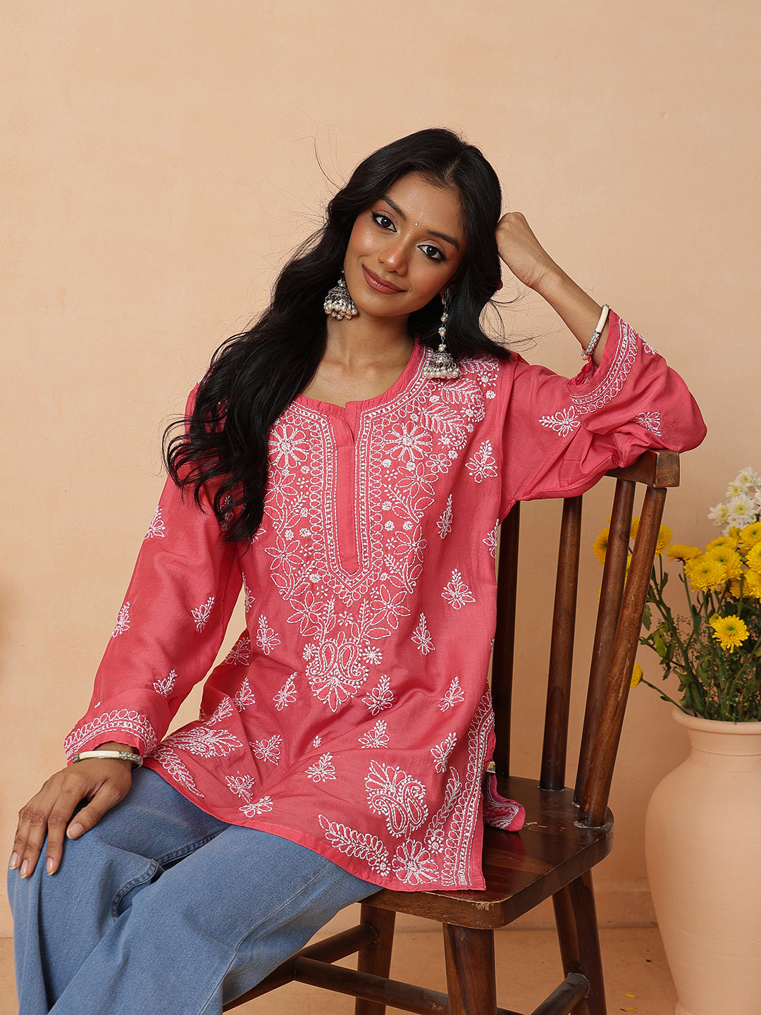 Ada Hand Embroidered Carrot Pink Cotton Lucknowi Chikankari Short Kurti A911585