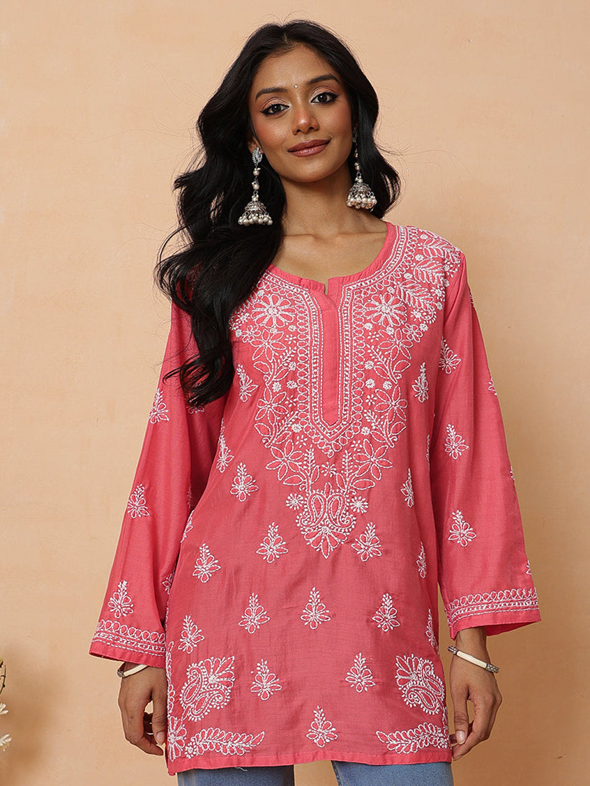 Ada Hand Embroidered Carrot Pink Cotton Lucknowi Chikankari Short Kurti A911585