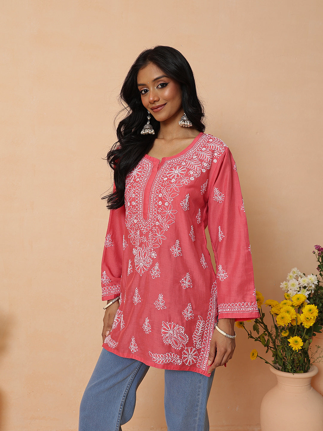 Ada Hand Embroidered Carrot Pink Maslin Lucknowi Chikankari Short Kurti A911585