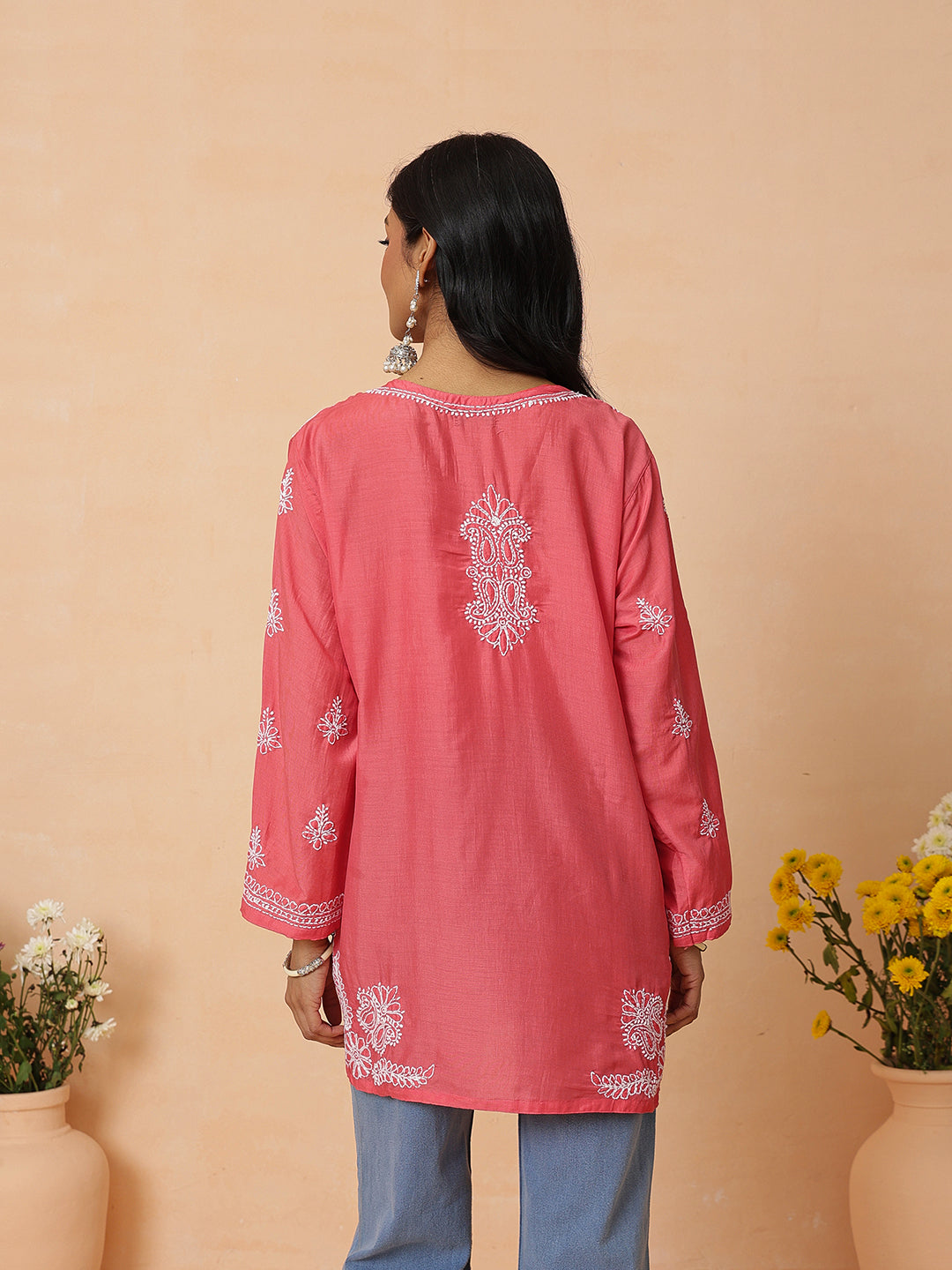 Ada Hand Embroidered Carrot Pink Maslin Lucknowi Chikankari Short Kurti A911585