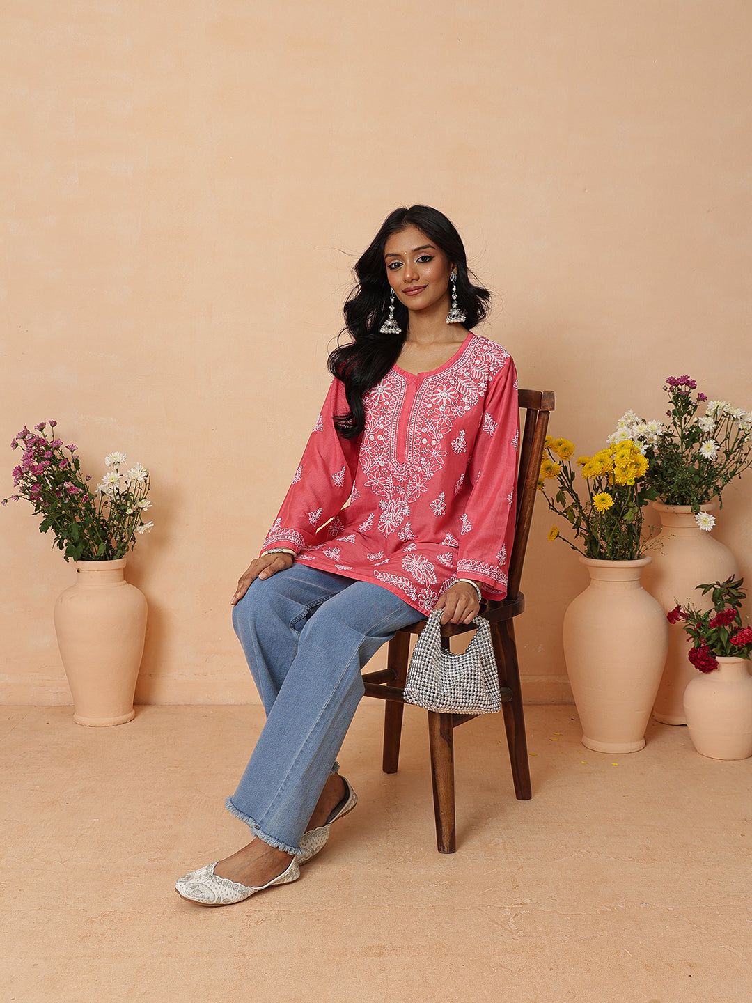 Ada Hand Embroidered Carrot Pink Maslin Lucknowi Chikankari Short Kurti A911585