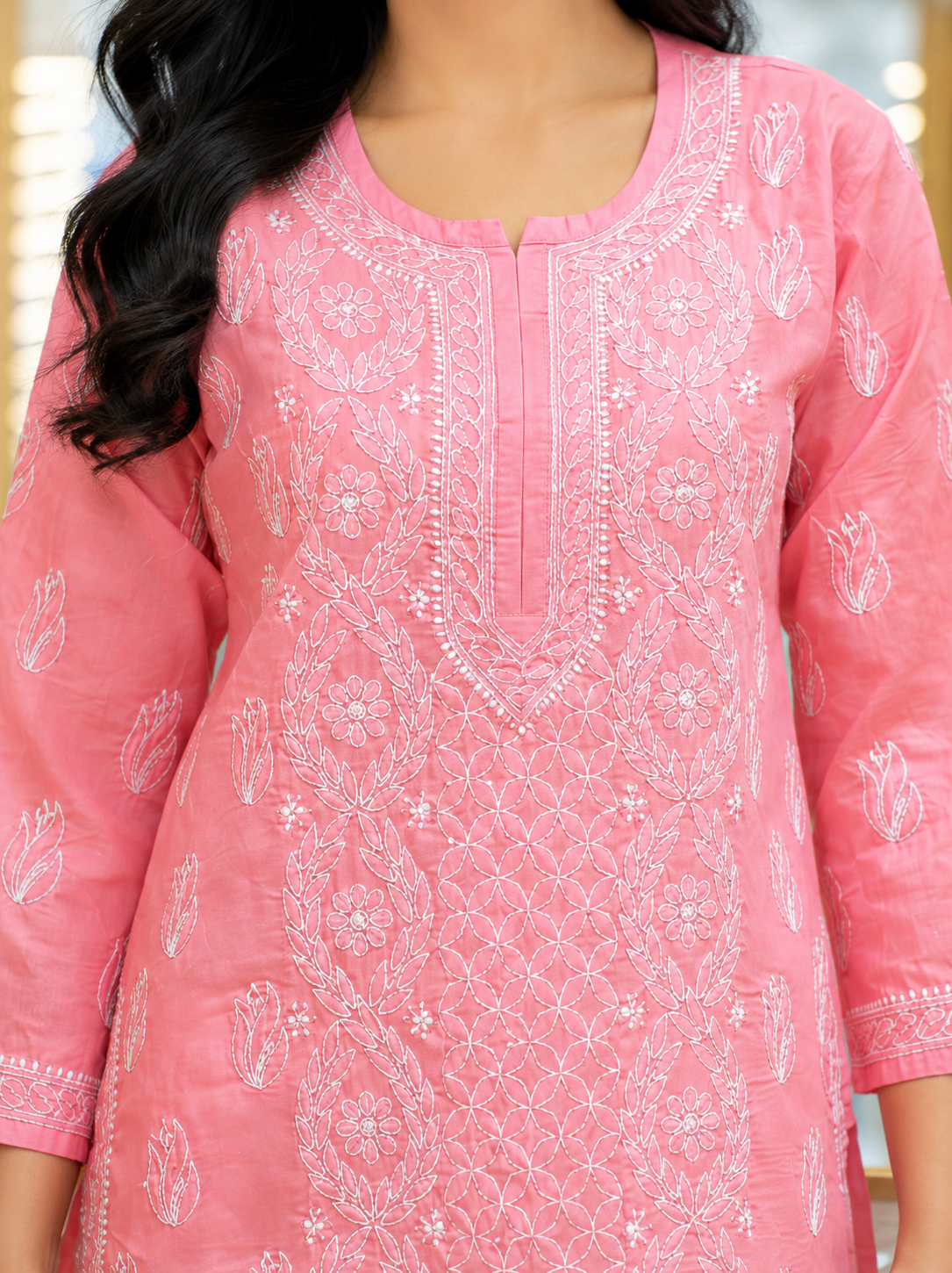 Ada Hand Embroidered Carrot Pink Cotton Lucknowi Chikankari Short Kurti A911598_1