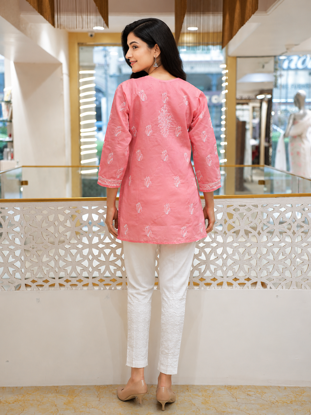 Ada Hand Embroidered Carrot Pink Cotton Lucknowi Chikankari Short Kurti A911598_2