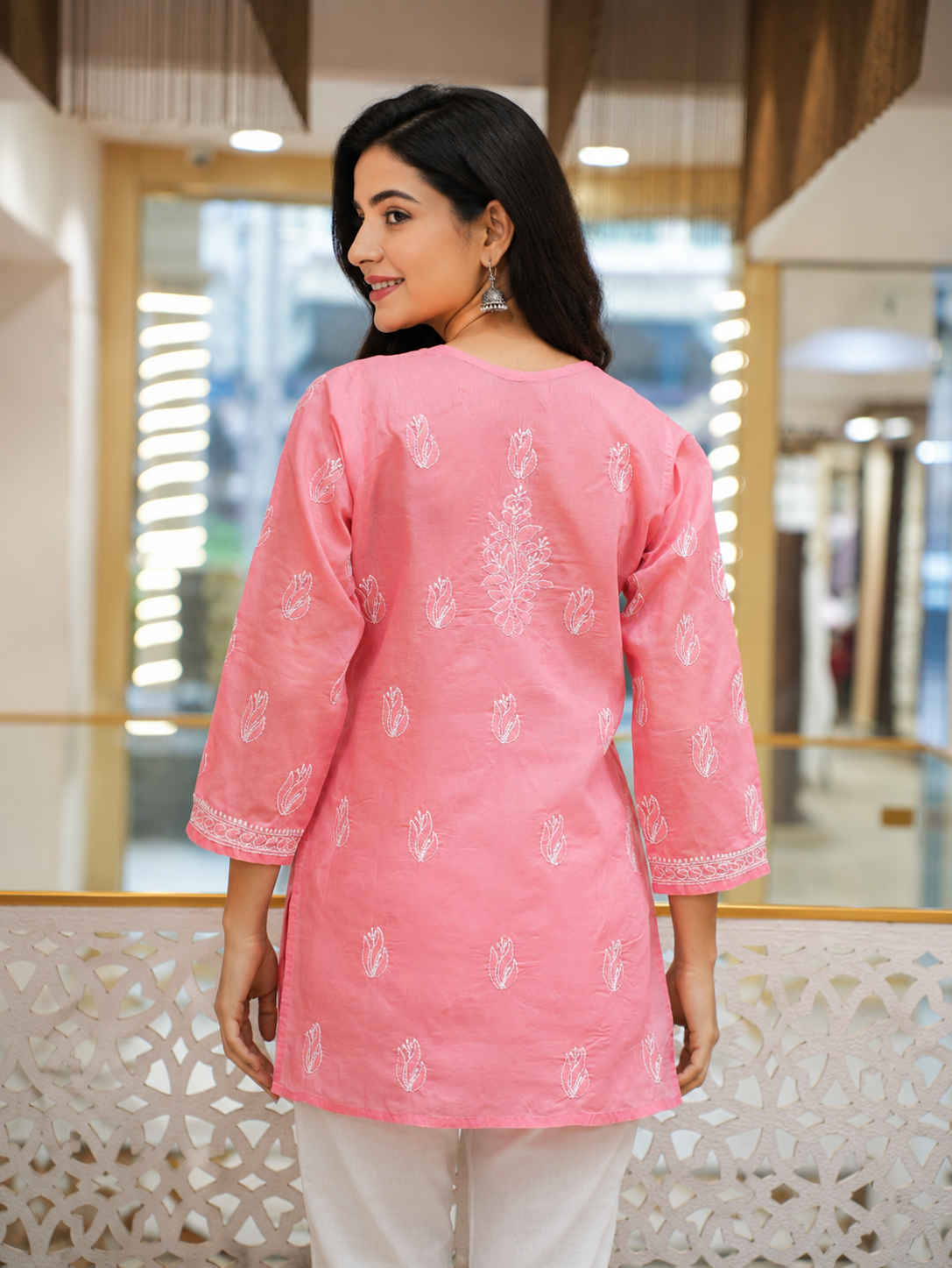 Ada Hand Embroidered Carrot Pink Cotton Lucknowi Chikankari Short Kurti A911598_3