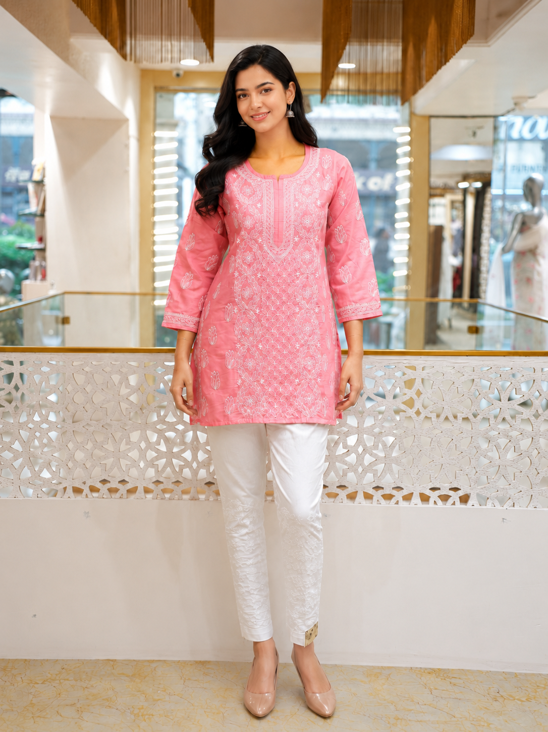 Ada Hand Embroidered Carrot Pink Cotton Lucknowi Chikankari Short Kurti A911598_4