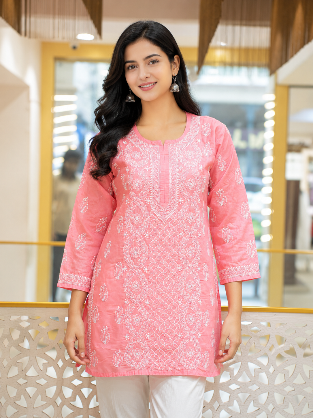 Ada Hand Embroidered Carrot Pink Cotton Lucknowi Chikankari Short Kurti A911598_5