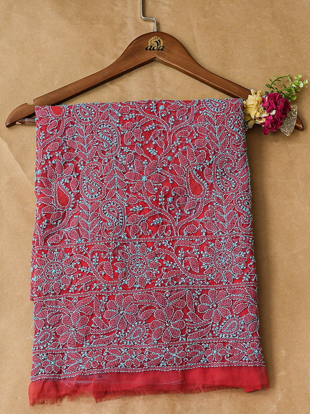 Ada Hand Embroidered Carrot Pink Faux Georgette Lucknowi Chikankari Unstitched Kurta 01A736961