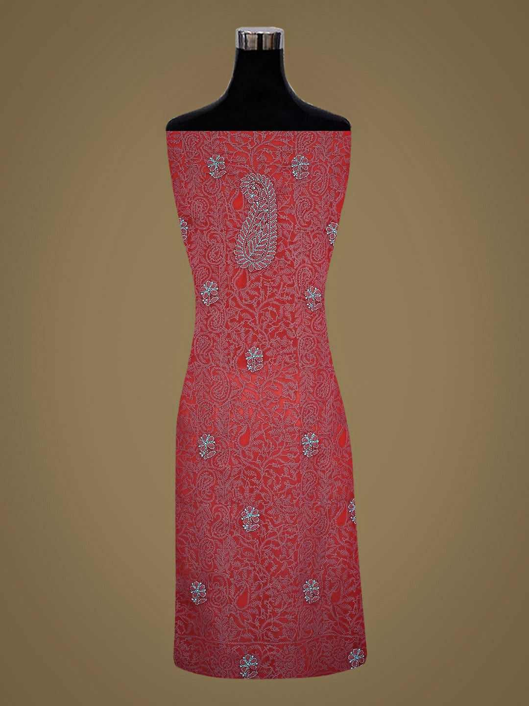 Ada Hand Embroidered Carrot Pink Faux Georgette Lucknowi Chikankari Unstitched Kurta 01A736961