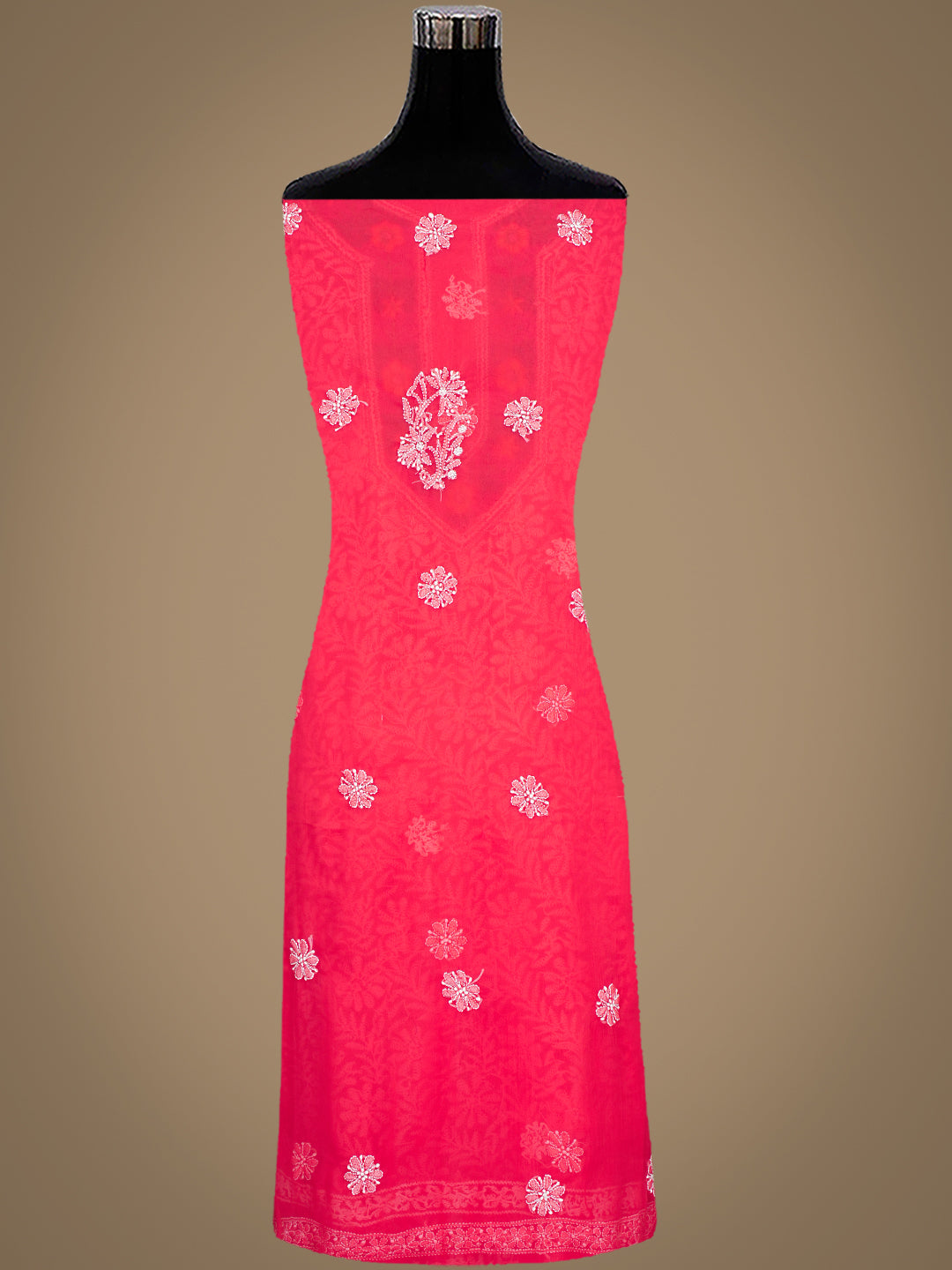 Ada Hand Embroidered Carrot Pink Faux Georgette Lucknowi Chikankari Unstitched Suit Piece With Pearl Work 01A331006