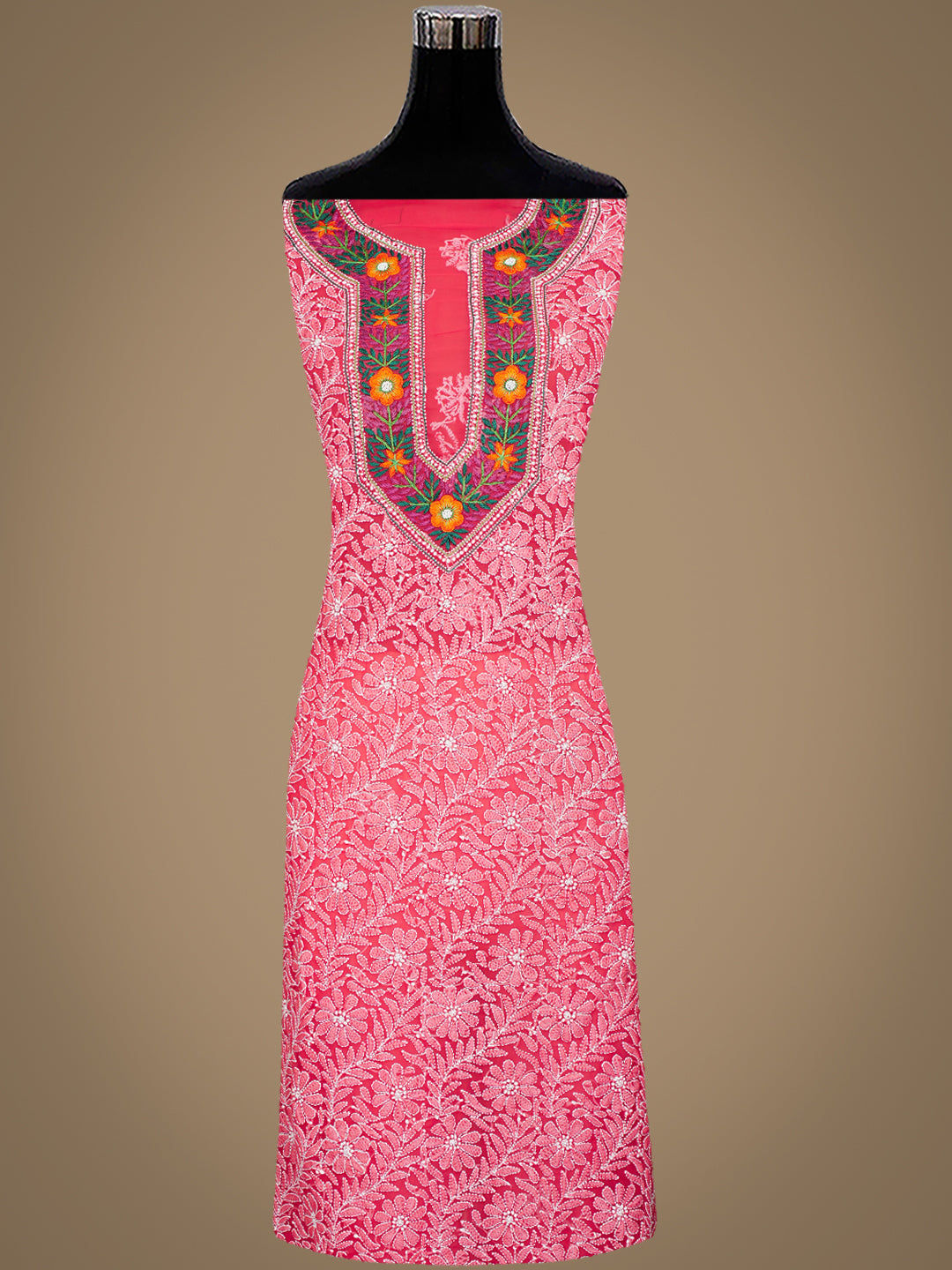 Ada Hand Embroidered Carrot Pink Faux Georgette Lucknowi Chikankari Unstitched Suit Piece With Pearl Work 01A331006