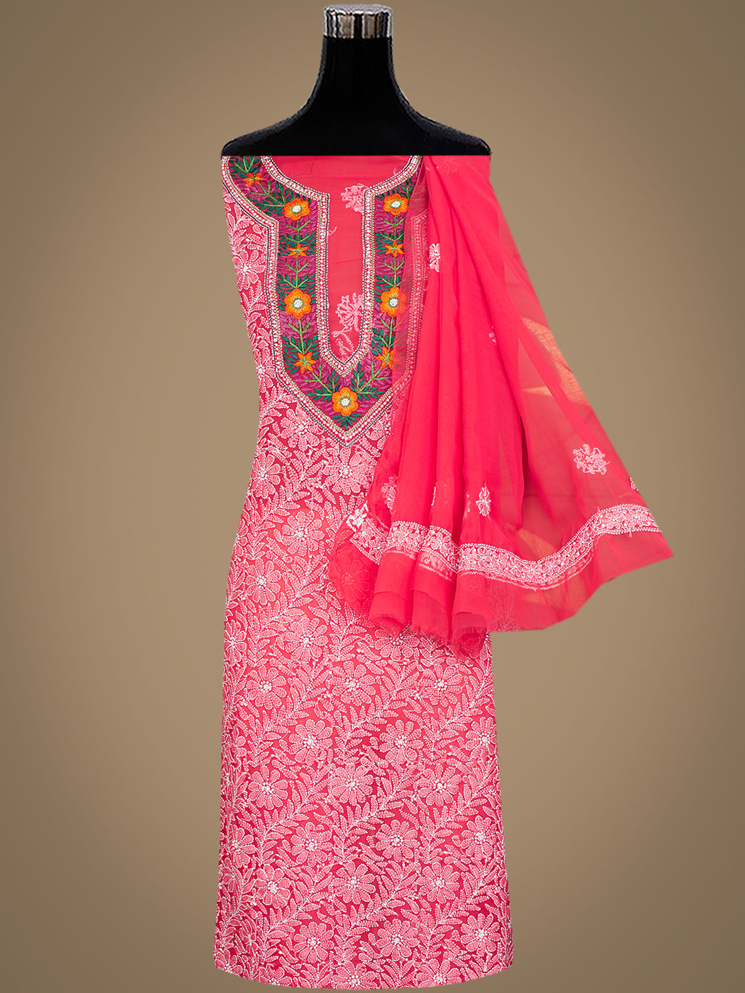 Ada Hand Embroidered Carrot Pink Faux Georgette Lucknowi Chikankari Unstitched Suit Piece With Pearl Work 01A331006