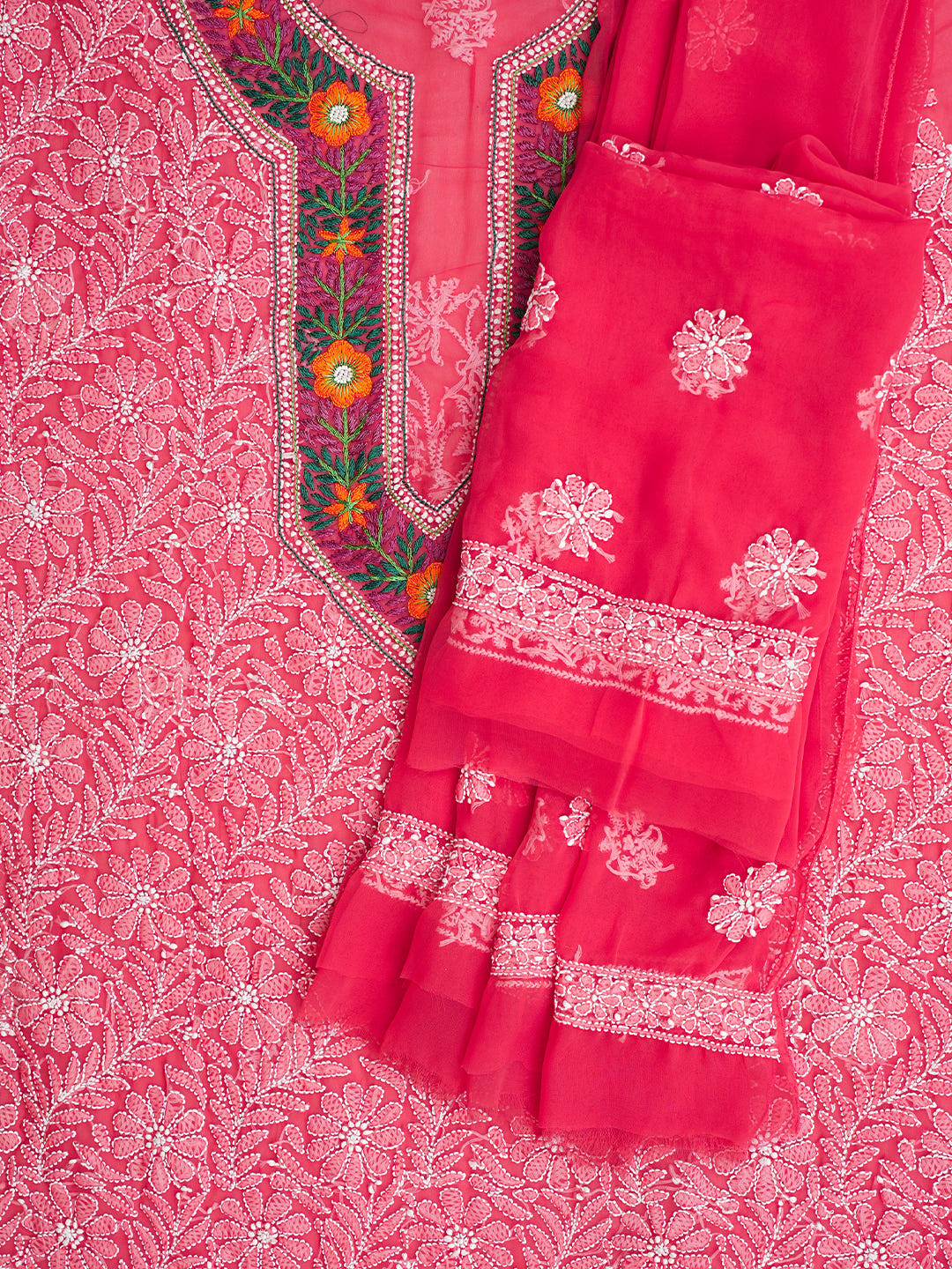 Ada Hand Embroidered Carrot Pink Faux Georgette Lucknowi Chikankari Unstitched Suit Piece With Pearl Work 01A331006