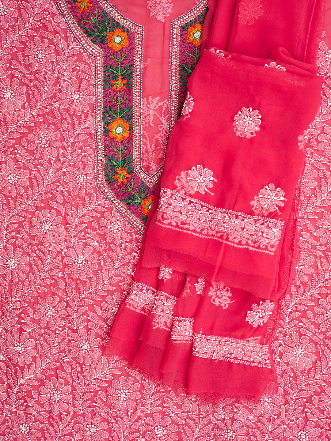 Ada Hand Embroidered Carrot Pink Faux Georgette Lucknowi Chikankari Unstitched Suit Piece With Pearl Work 01A331006
