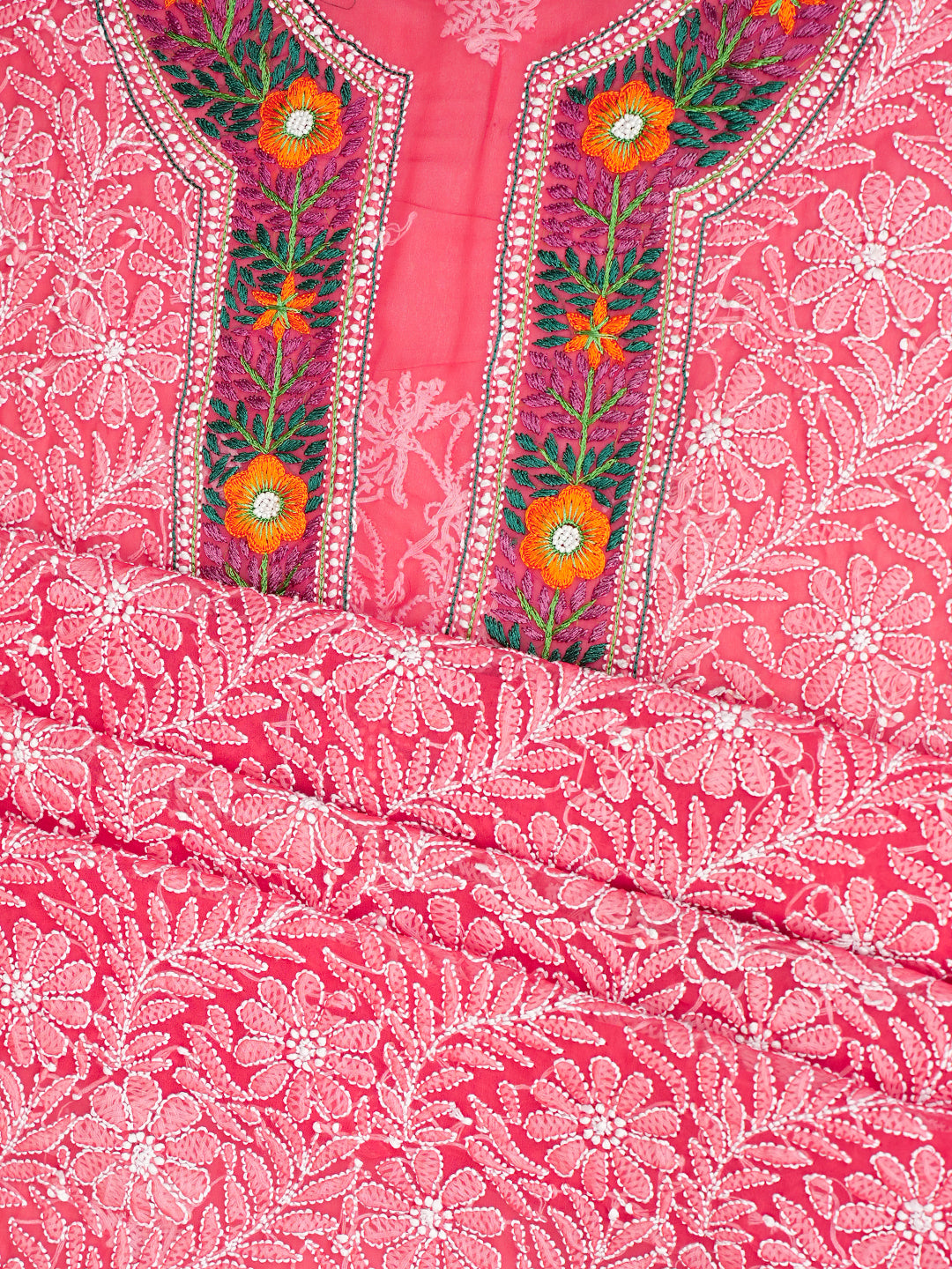 Ada Hand Embroidered Carrot Pink Faux Georgette Lucknowi Chikankari Unstitched Suit Piece With Pearl Work 01A331006