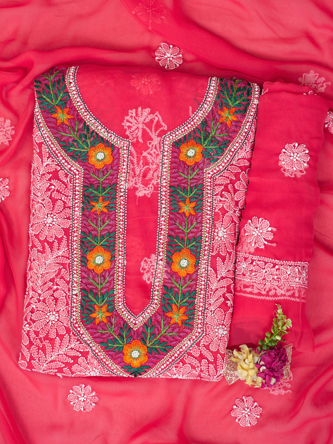 Ada Hand Embroidered Carrot Pink Faux Georgette Lucknowi Chikankari Unstitched Suit Piece With Pearl Work 01A331006