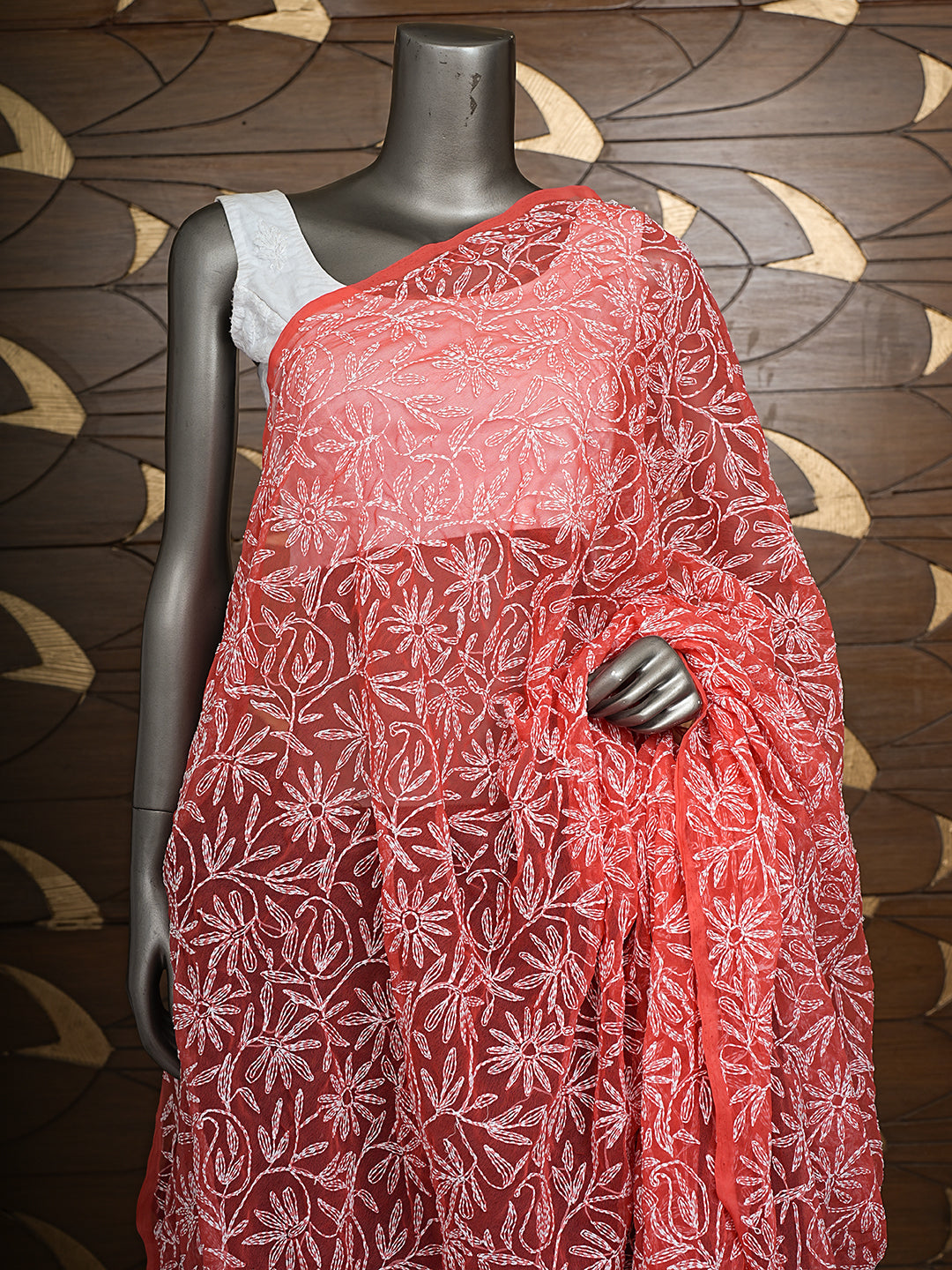 Ada Hand Embroidered Carrot Pink Georgette Lucknowi Chikankari Dupatta 01A1007761_2