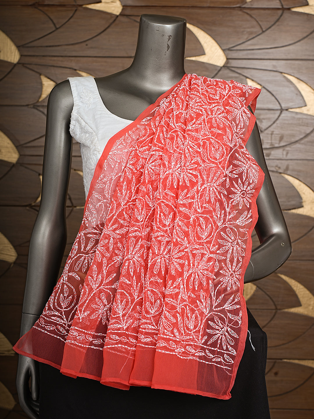 Ada Hand Embroidered Carrot Pink Georgette Lucknowi Chikankari Dupatta 01A1007761_1