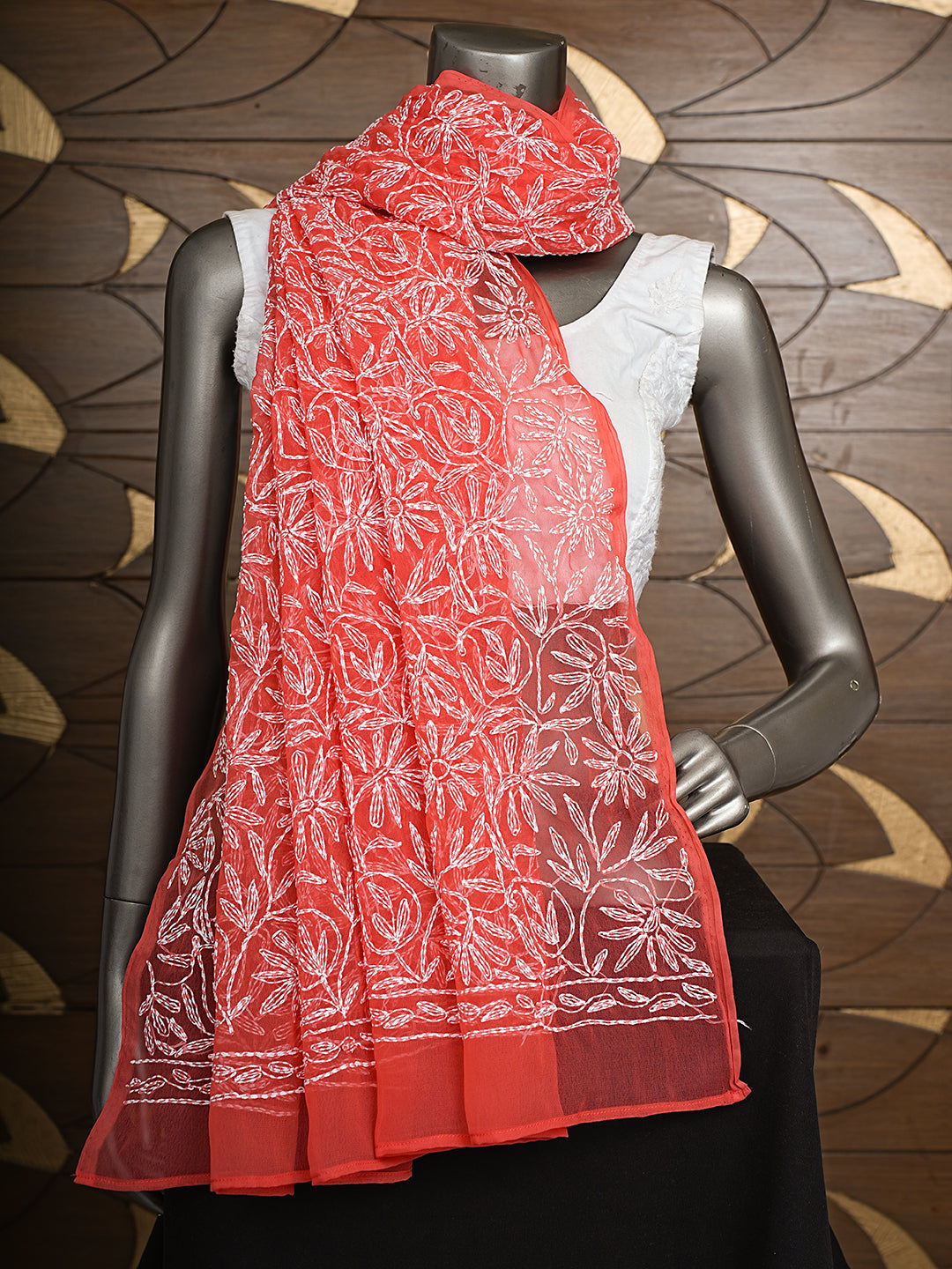 Ada Hand Embroidered Carrot Pink Georgette Lucknowi Chikankari Dupatta 01A1007761_3