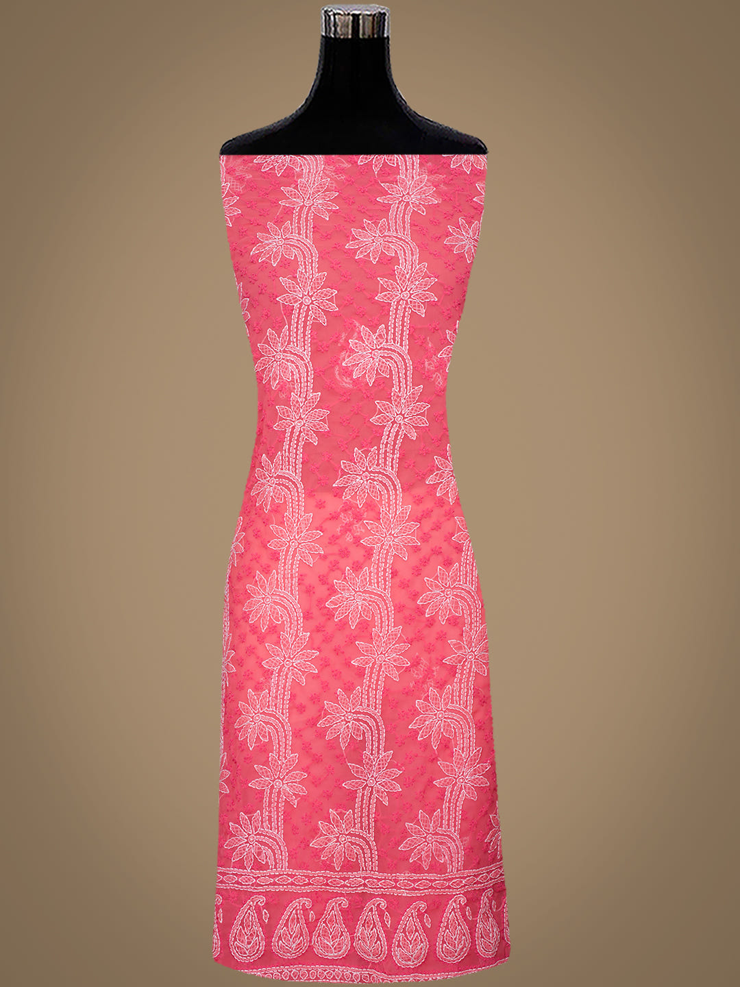 Ada Hand Embroidered Carrot Pink Georgette Lucknowi Chikankari Unstitched Suit Piece_3