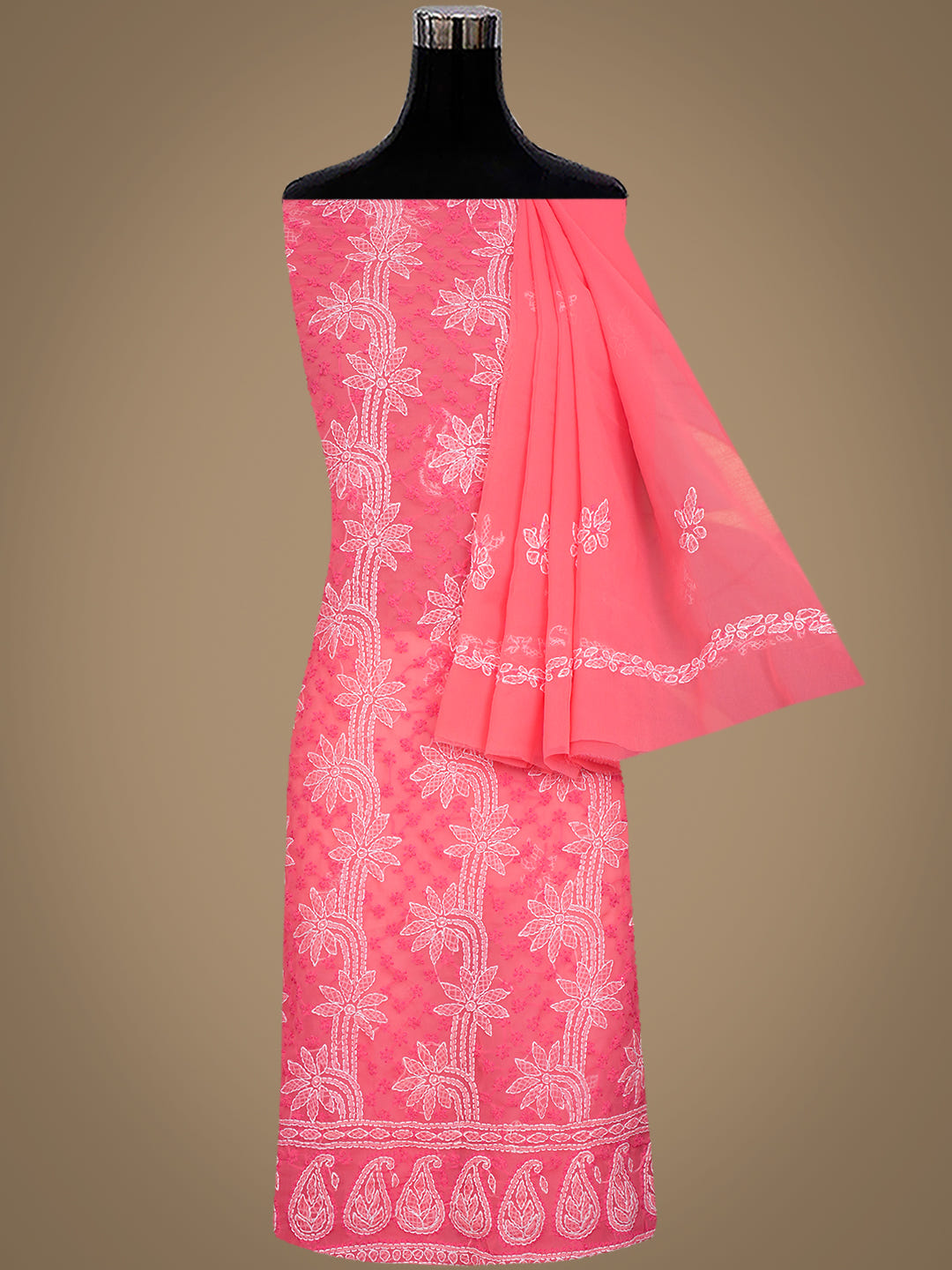 Ada Hand Embroidered Carrot Pink Georgette Lucknowi Chikankari Unstitched Suit Piece_4
