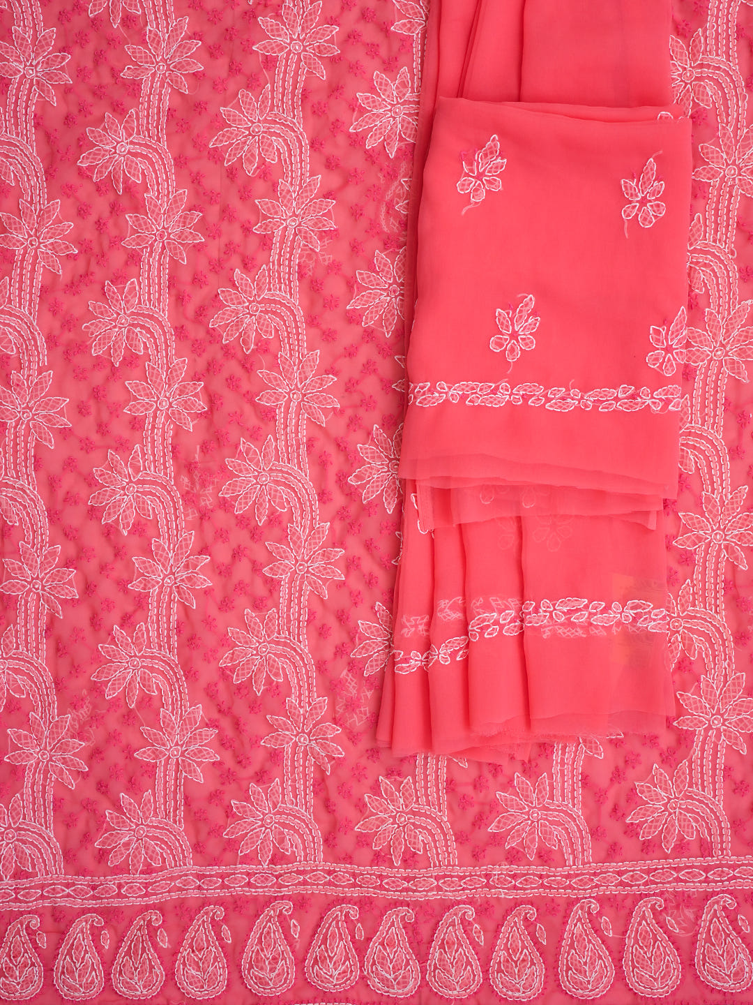 Ada Hand Embroidered Carrot Pink Georgette Lucknowi Chikankari Unstitched Suit Piece_5