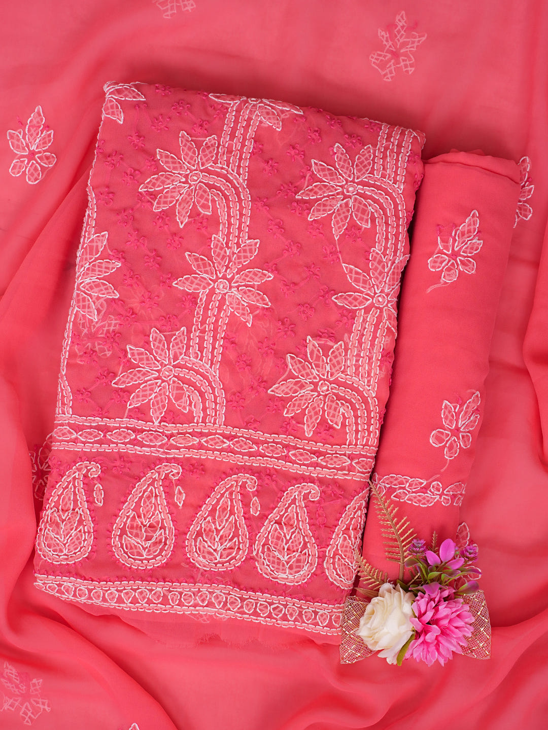 Ada Hand Embroidered Carrot Pink Georgette Lucknowi Chikankari Unstitched Suit Piece_1