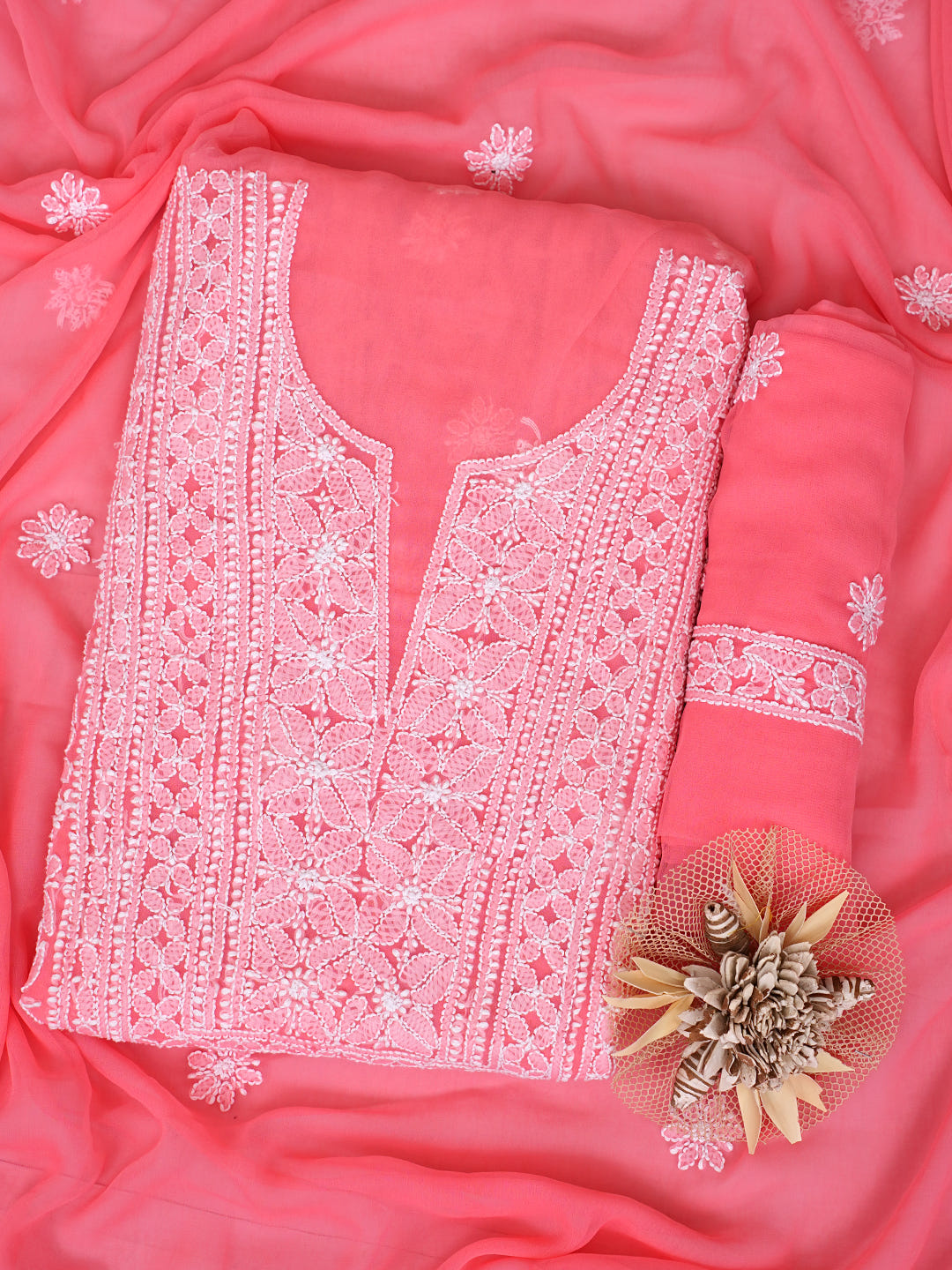 Ada Hand Embroidered Carrot Pink Georgette Lucknowi Chikankari Unstitched Suit Piece 01A981201_1