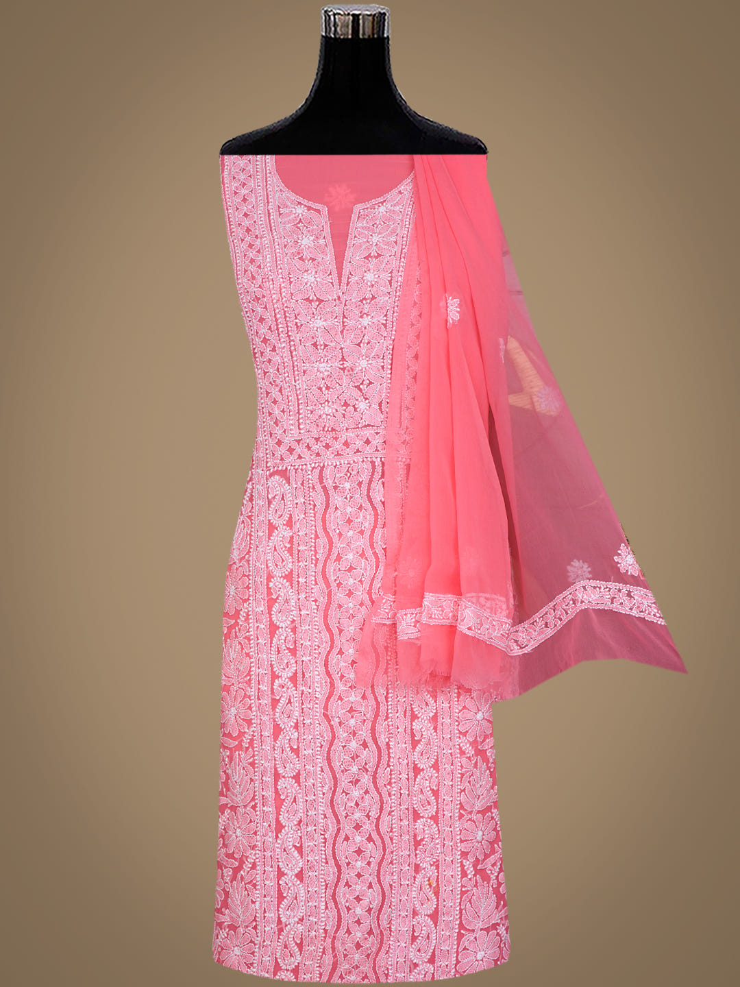 Ada Hand Embroidered Carrot Pink Georgette Lucknowi Chikankari Unstitched Suit Piece 01A981201_6