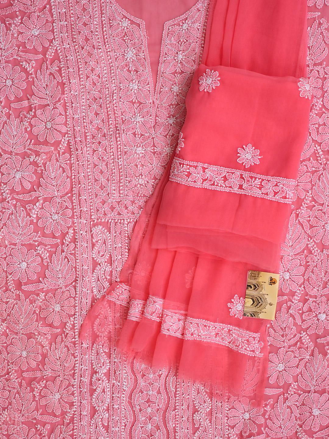 Ada Hand Embroidered Carrot Pink Georgette Lucknowi Chikankari Unstitched Suit Piece 01A981201_7