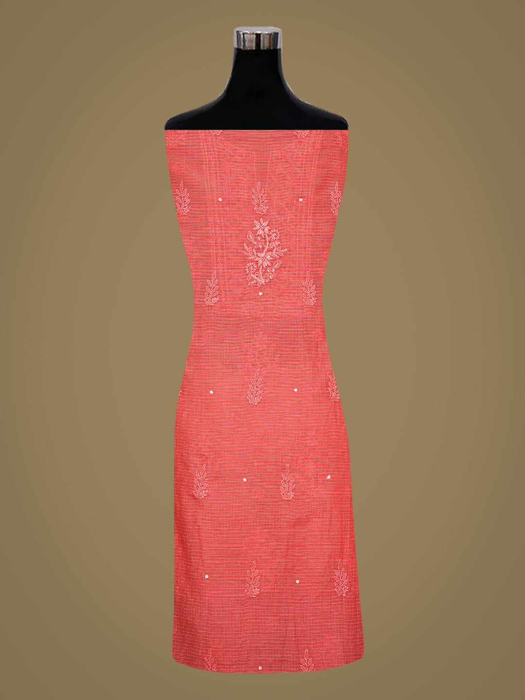 Ada Hand Embroidered Carrot Pink Kota Chanderi Unstitched Lucknowi Chikankari Kurta Dupatta Set With Cutdana Work 01A922033