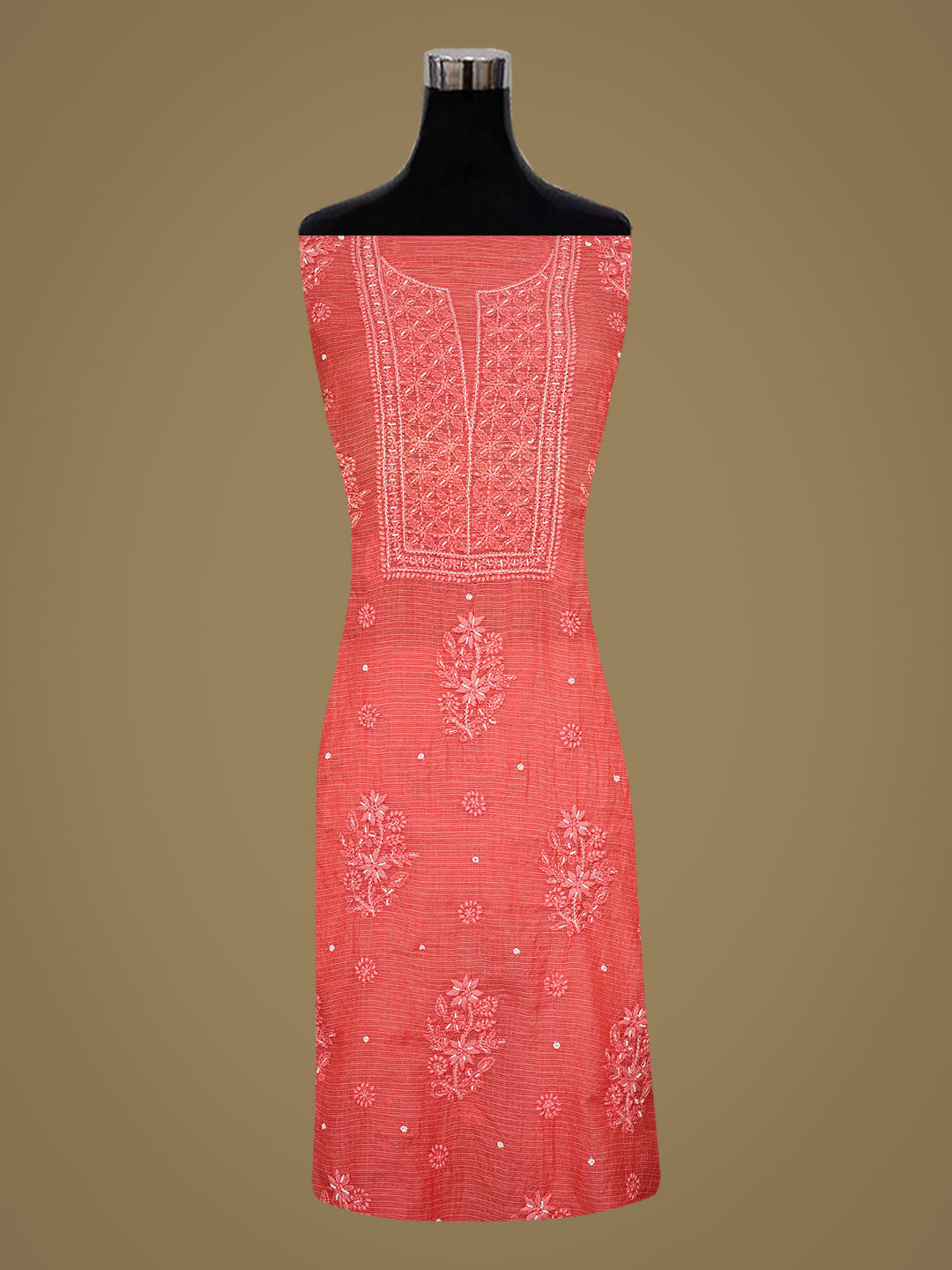Ada Hand Embroidered Carrot Pink Kota Chanderi Unstitched Lucknowi Chikankari Kurta Dupatta Set With Cutdana Work 01A922033