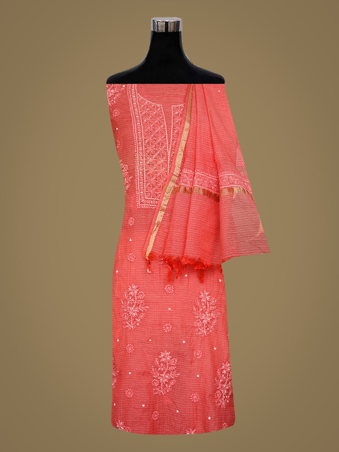 Ada Hand Embroidered Carrot Pink Kota Chanderi Unstitched Lucknowi Chikankari Kurta Dupatta Set With Cutdana Work 01A922033