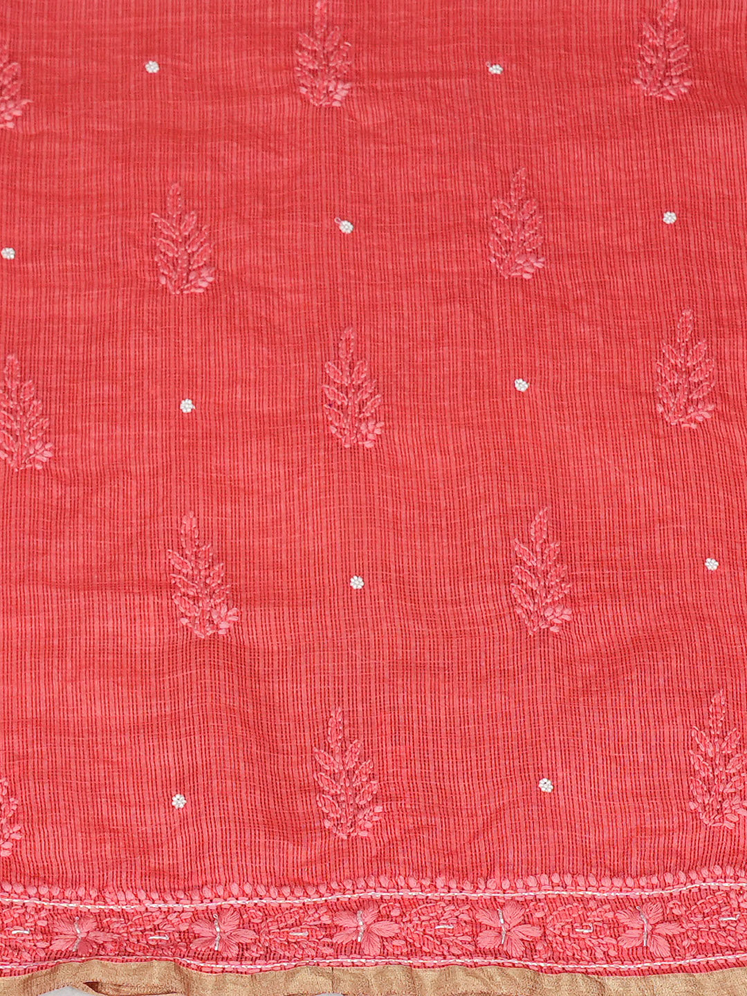 Ada Hand Embroidered Carrot Pink Kota Chanderi Unstitched Lucknowi Chikankari Kurta Dupatta Set With Cutdana Work 01A922033