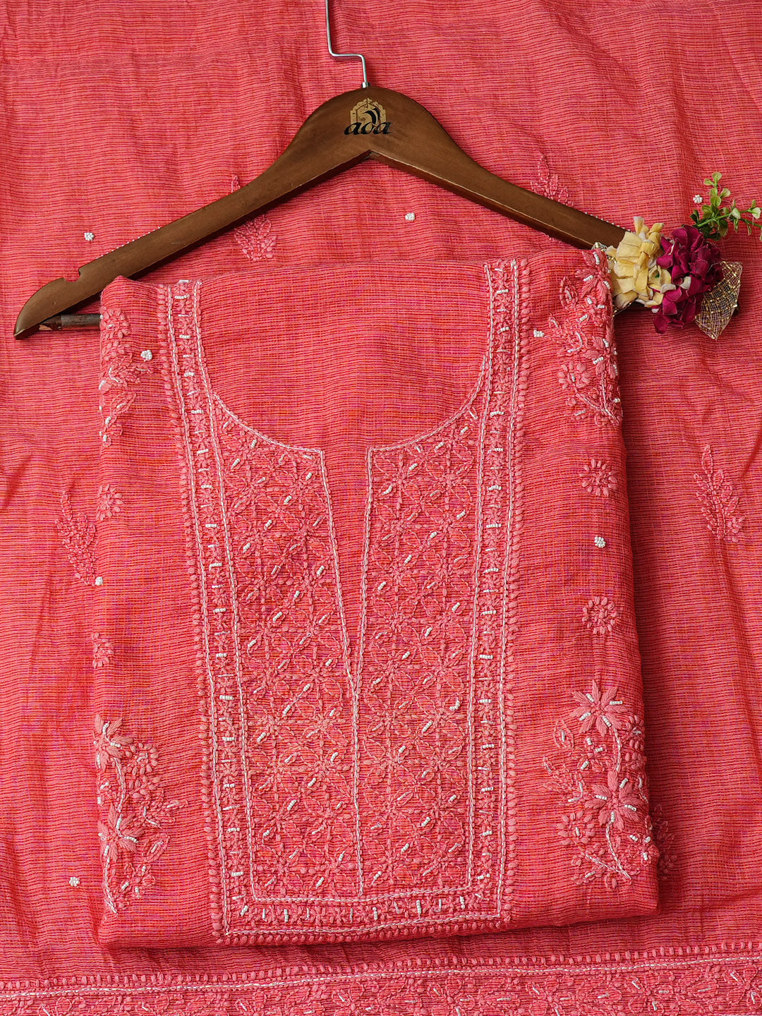 Ada Hand Embroidered Carrot Pink Kota Chanderi Unstitched Lucknowi Chikankari Kurta Dupatta Set With Cutdana Work 01A922033