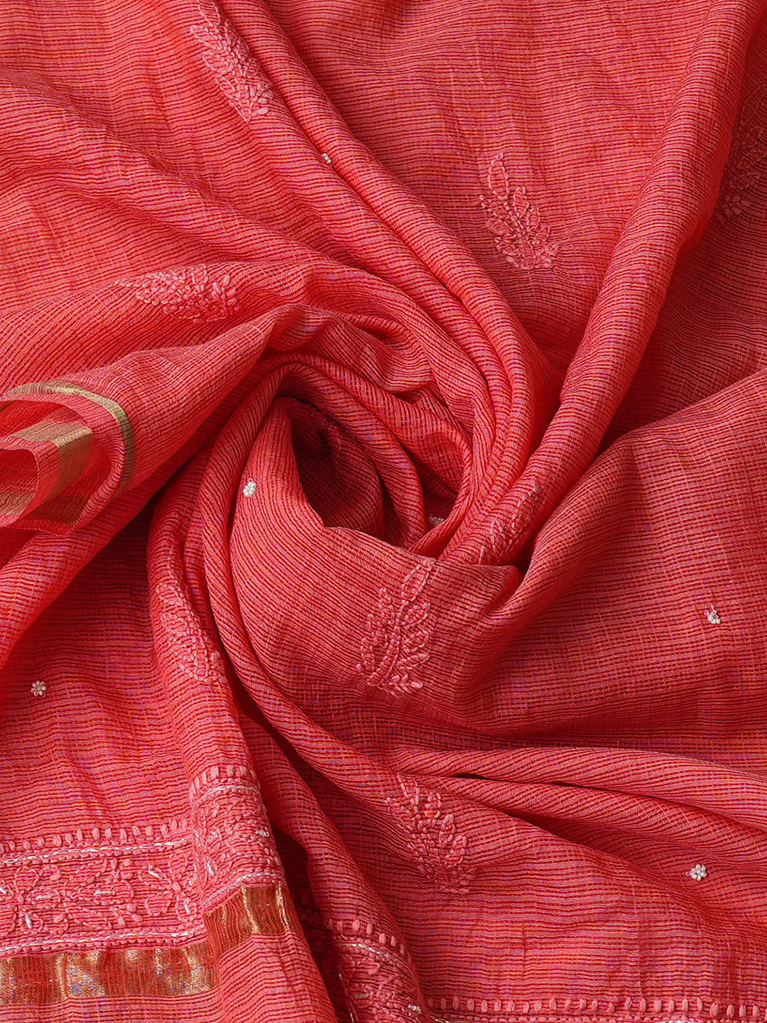 Ada Hand Embroidered Carrot Pink Kota Chanderi Unstitched Lucknowi Chikankari Kurta Dupatta Set With Cutdana Work 01A922033