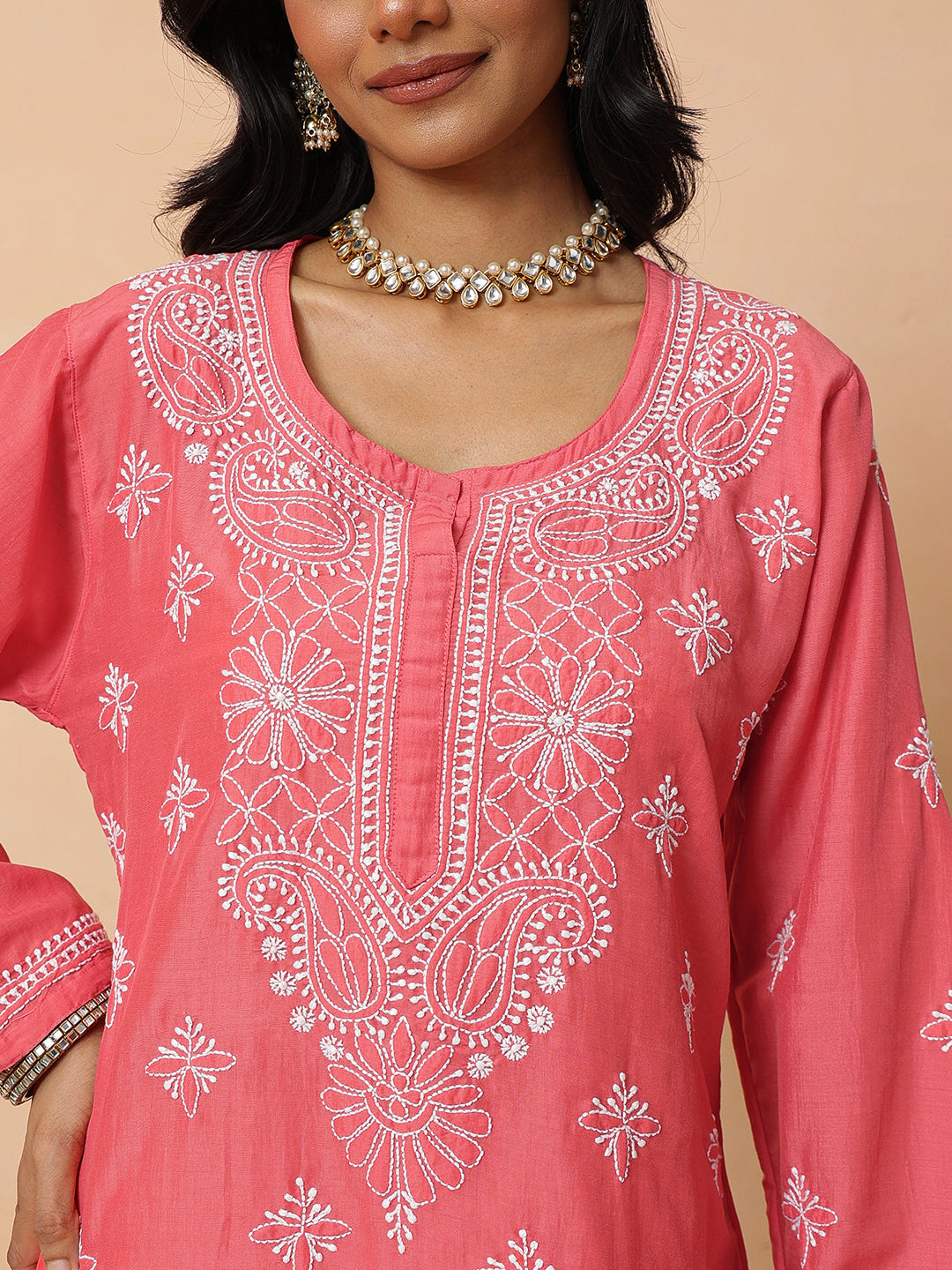 Ada Hand Embroidered Carrot Pink Muslin Lucknowi Chikankari Short Kurti A911578_2